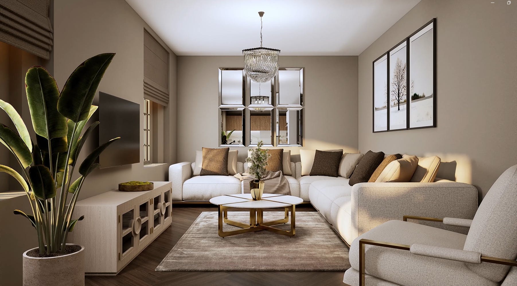 Caption: a living room filled with furniture and a potted plant