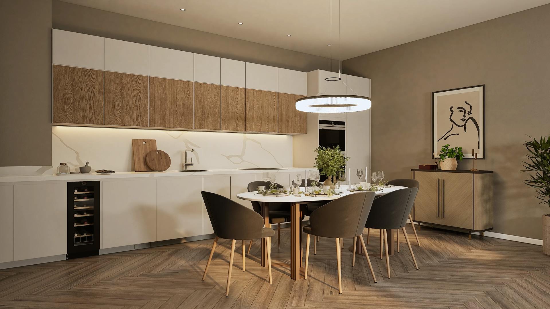 Caption: a dining room with a table and chairs