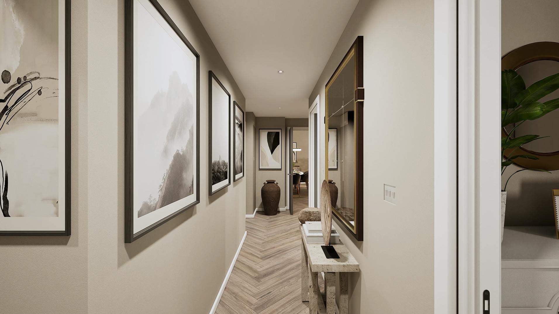 Caption: a long hallway with pictures on the wall