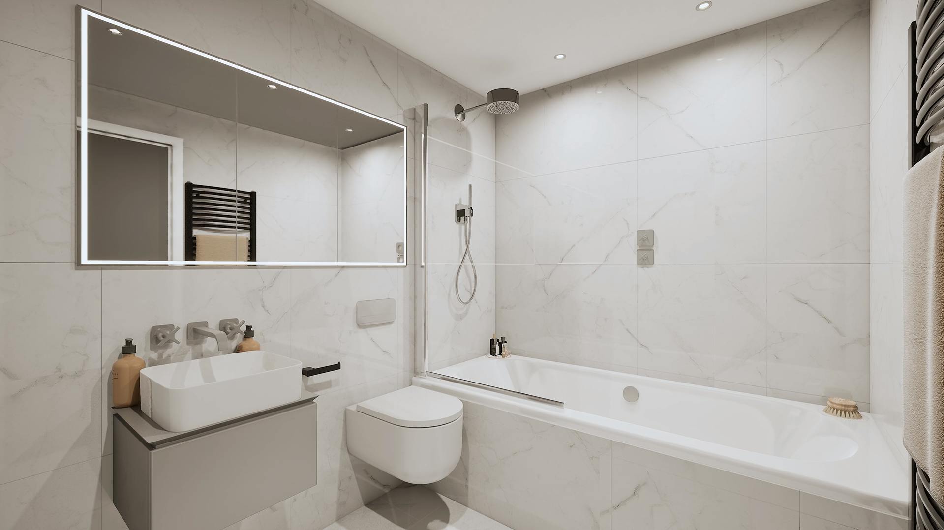 Caption: a bathroom with a toilet, sink, mirror and bathtub