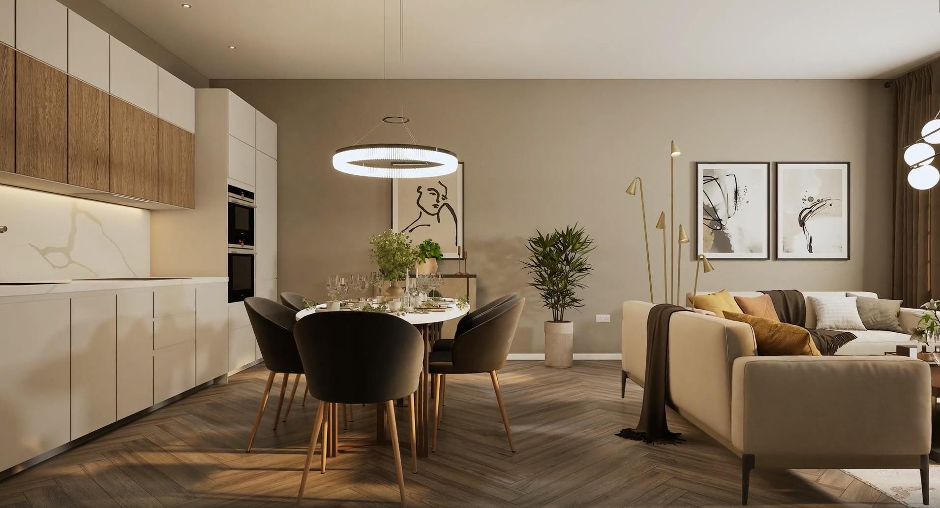 Caption: a living room filled with furniture and a dining room table