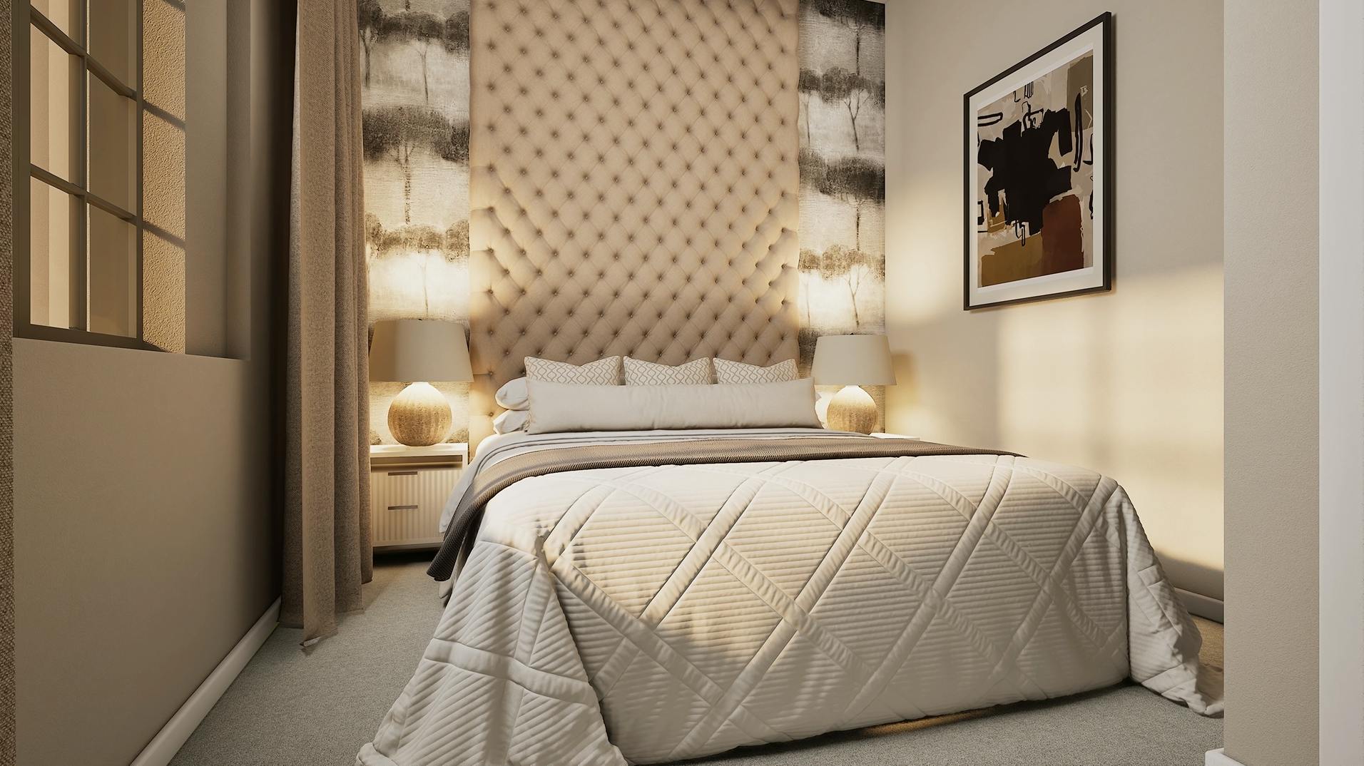 Caption: a bed sitting in a bedroom next to a window