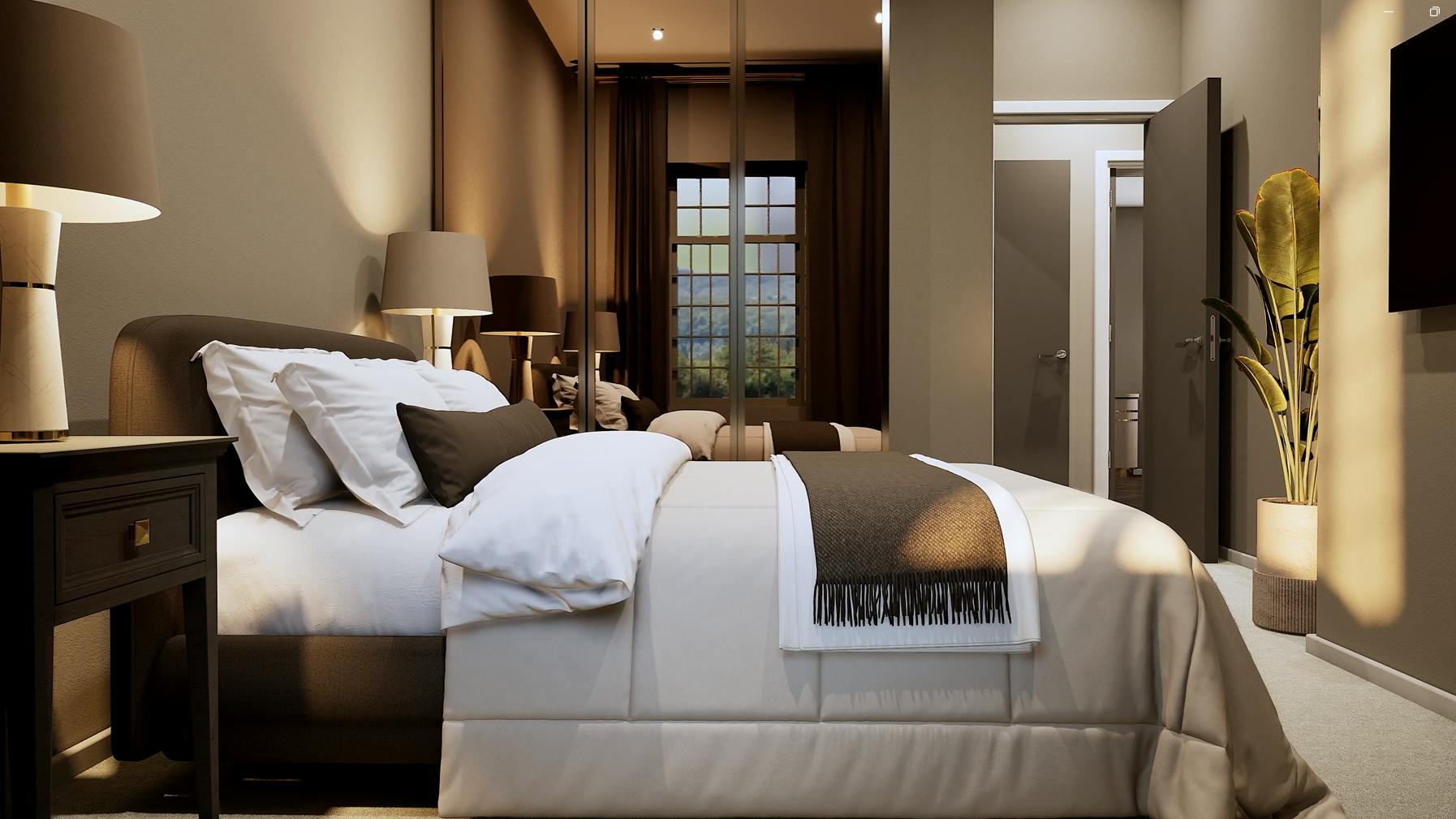 Caption: a bedroom with a large bed and a mirror