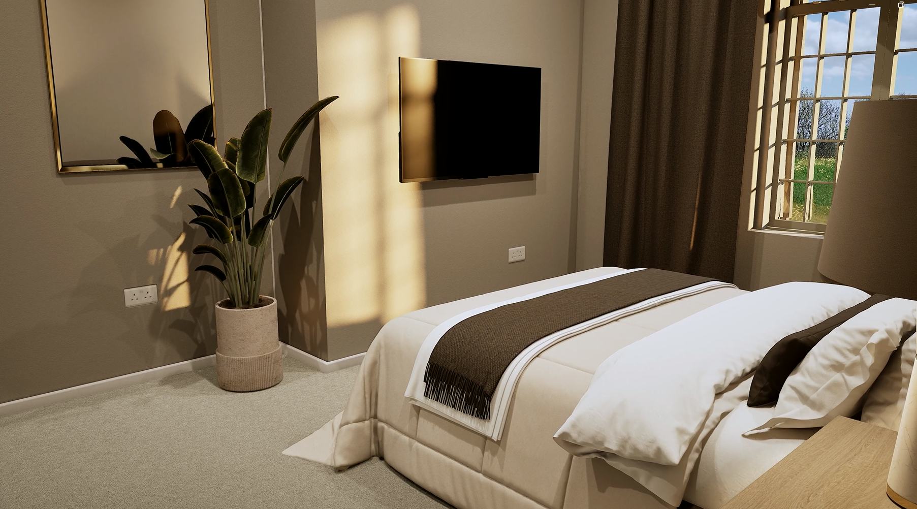 Caption: a bedroom with a large bed and a plant in the corner