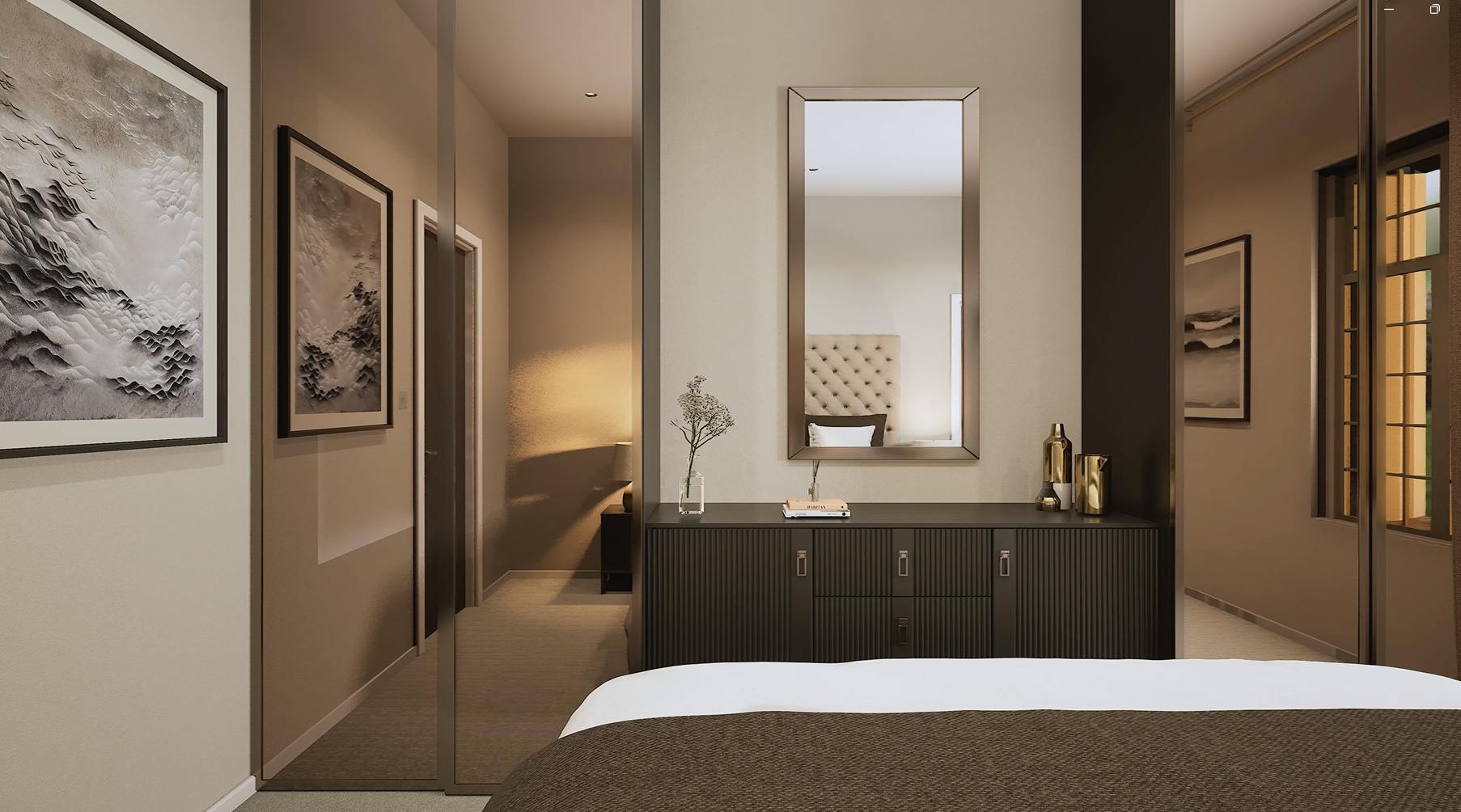 Caption: a bedroom with a bed and a mirror on the wall