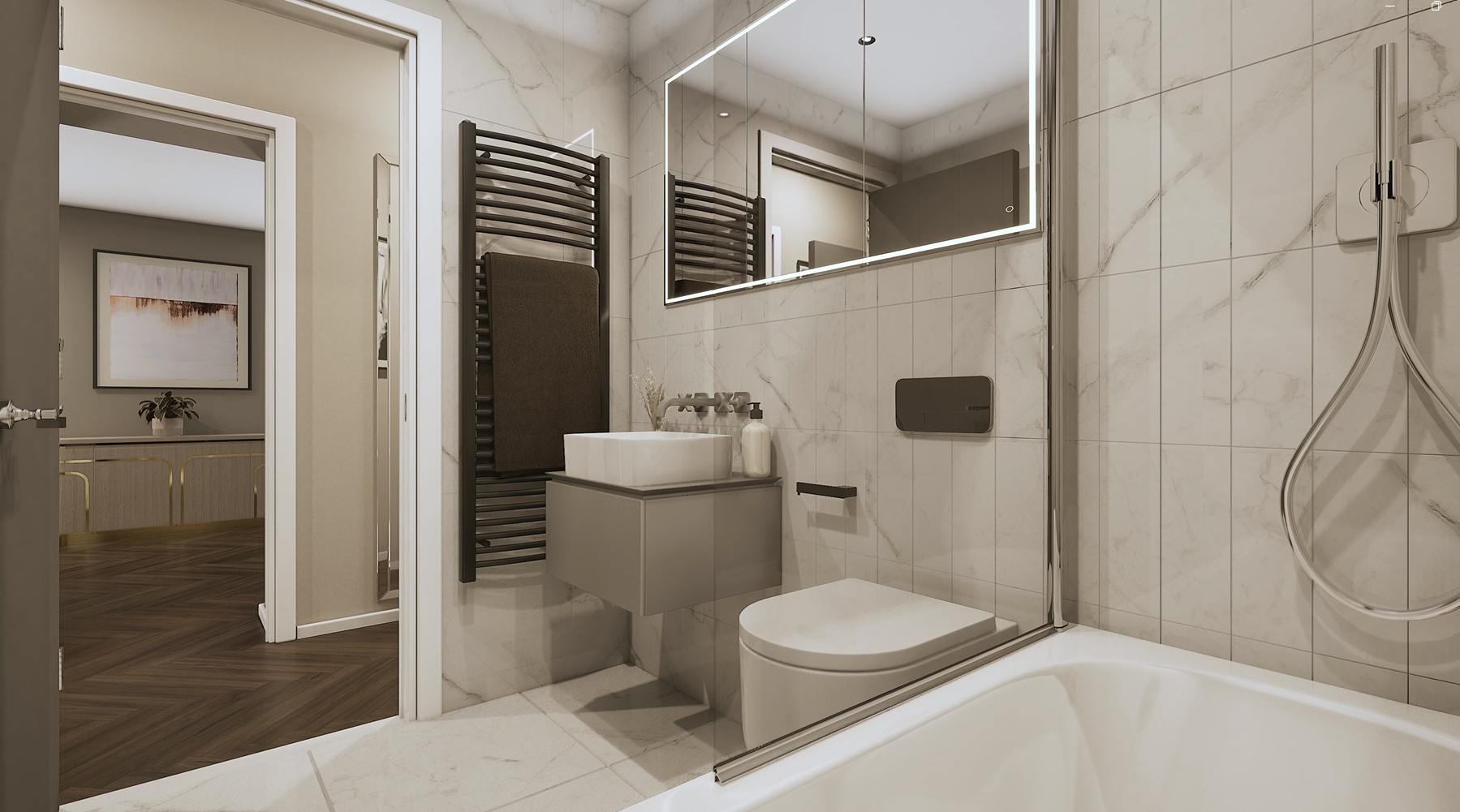 Caption: a bathroom with a toilet, sink, mirror and bathtub