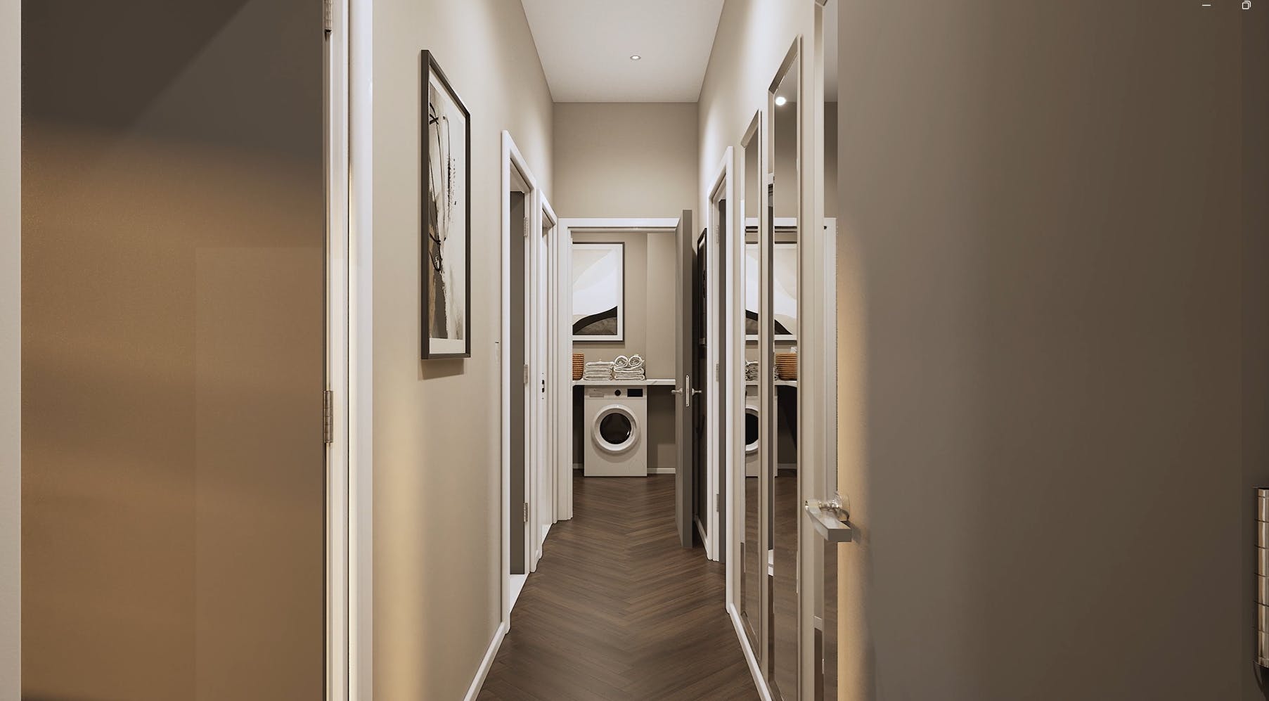 Caption: a long narrow hallway with a washer and dryer