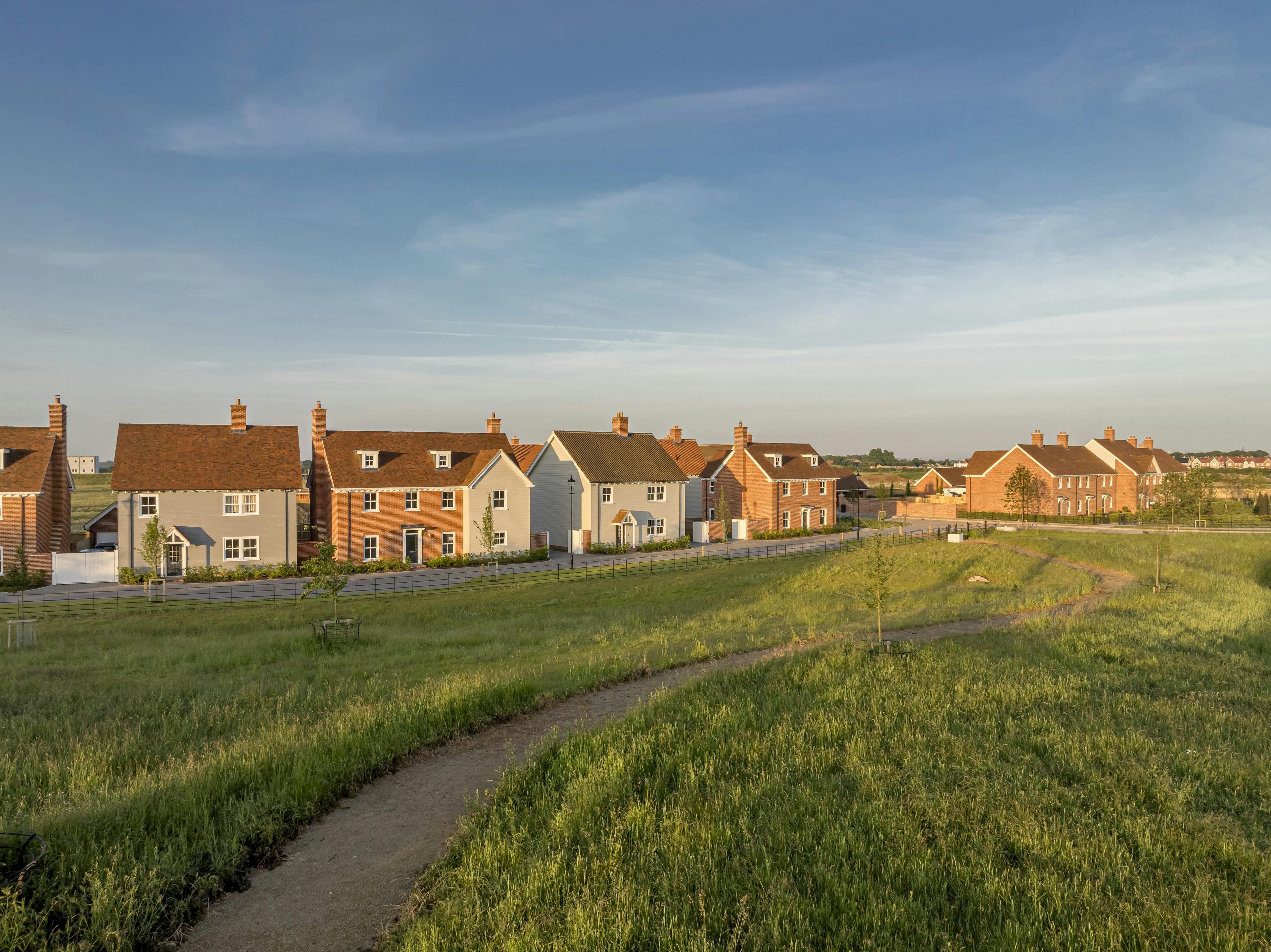 Caption: a row of houses sitting on top of a lush green field