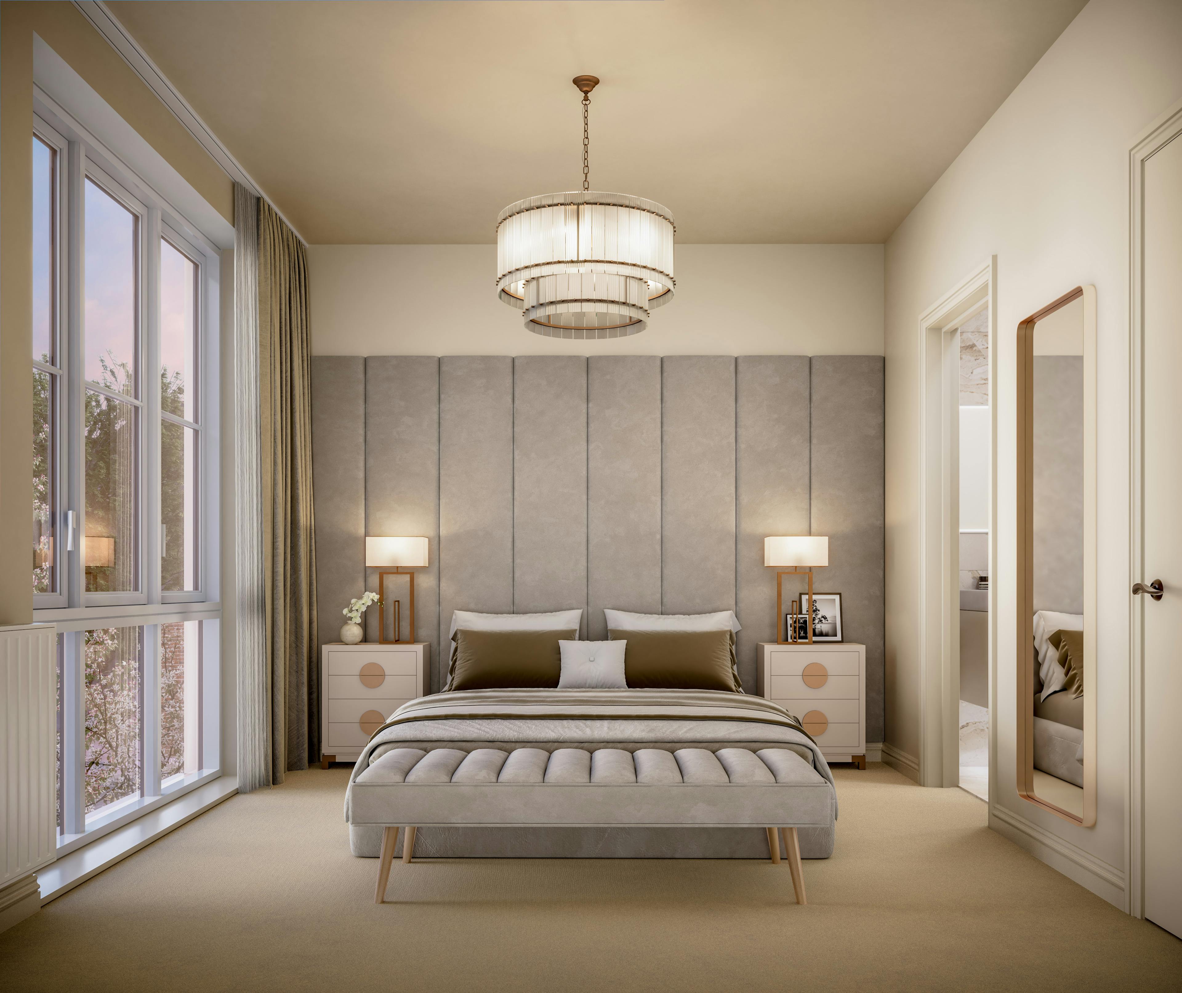 Caption: a bedroom with a large bed and a chandelier