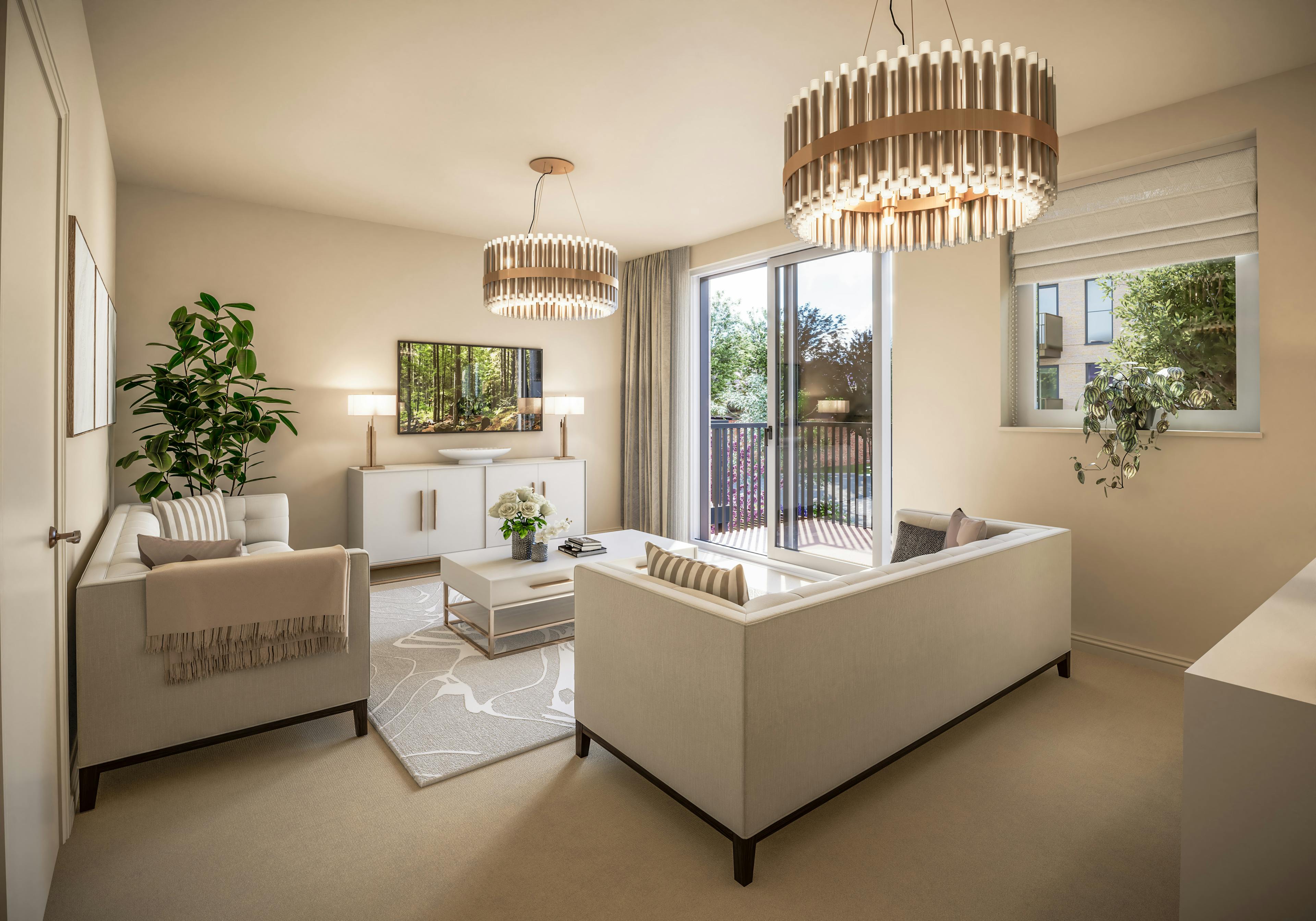Caption: a living room filled with furniture and a chandelier