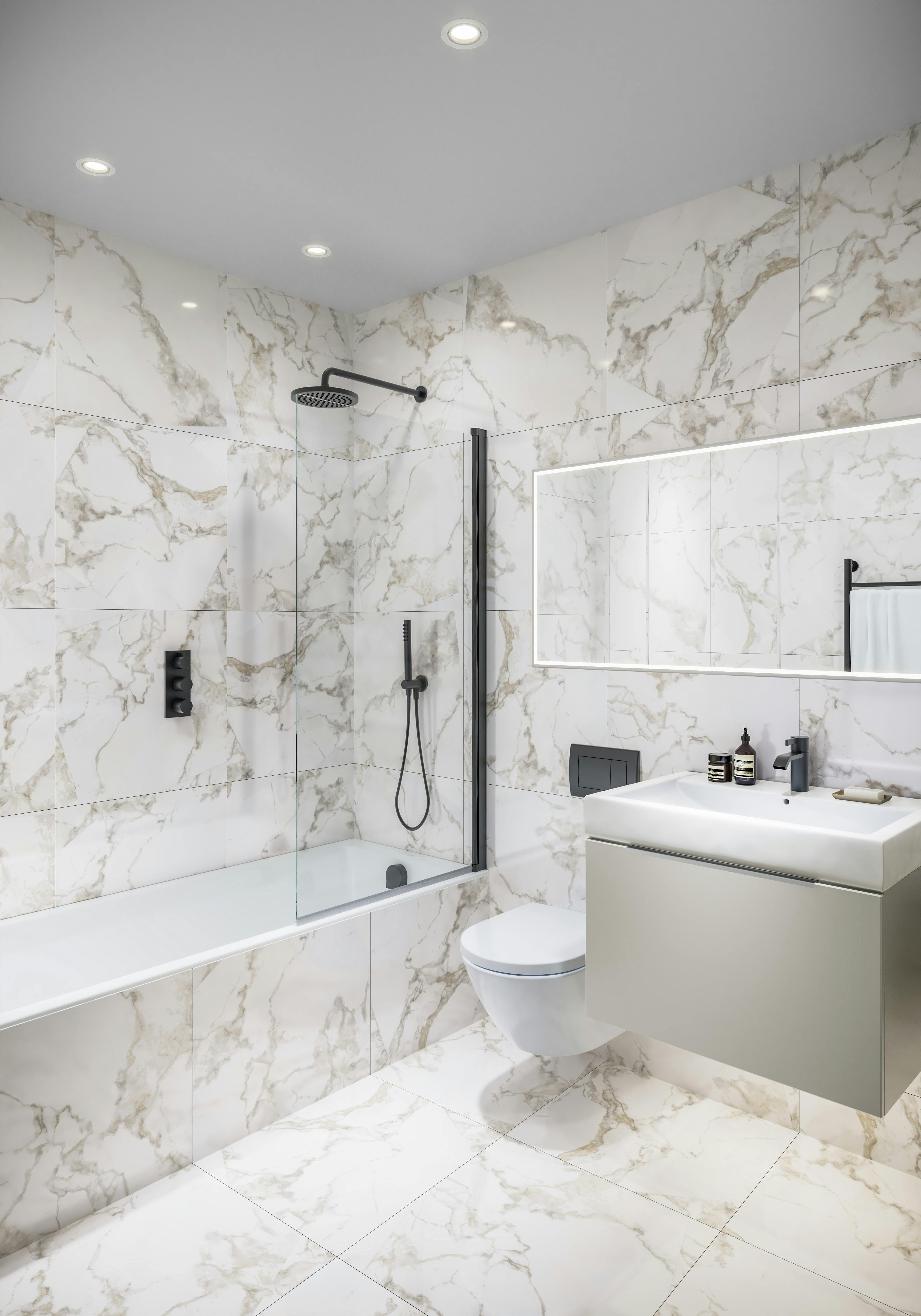 Caption: a bathroom with a toilet, sink, and shower