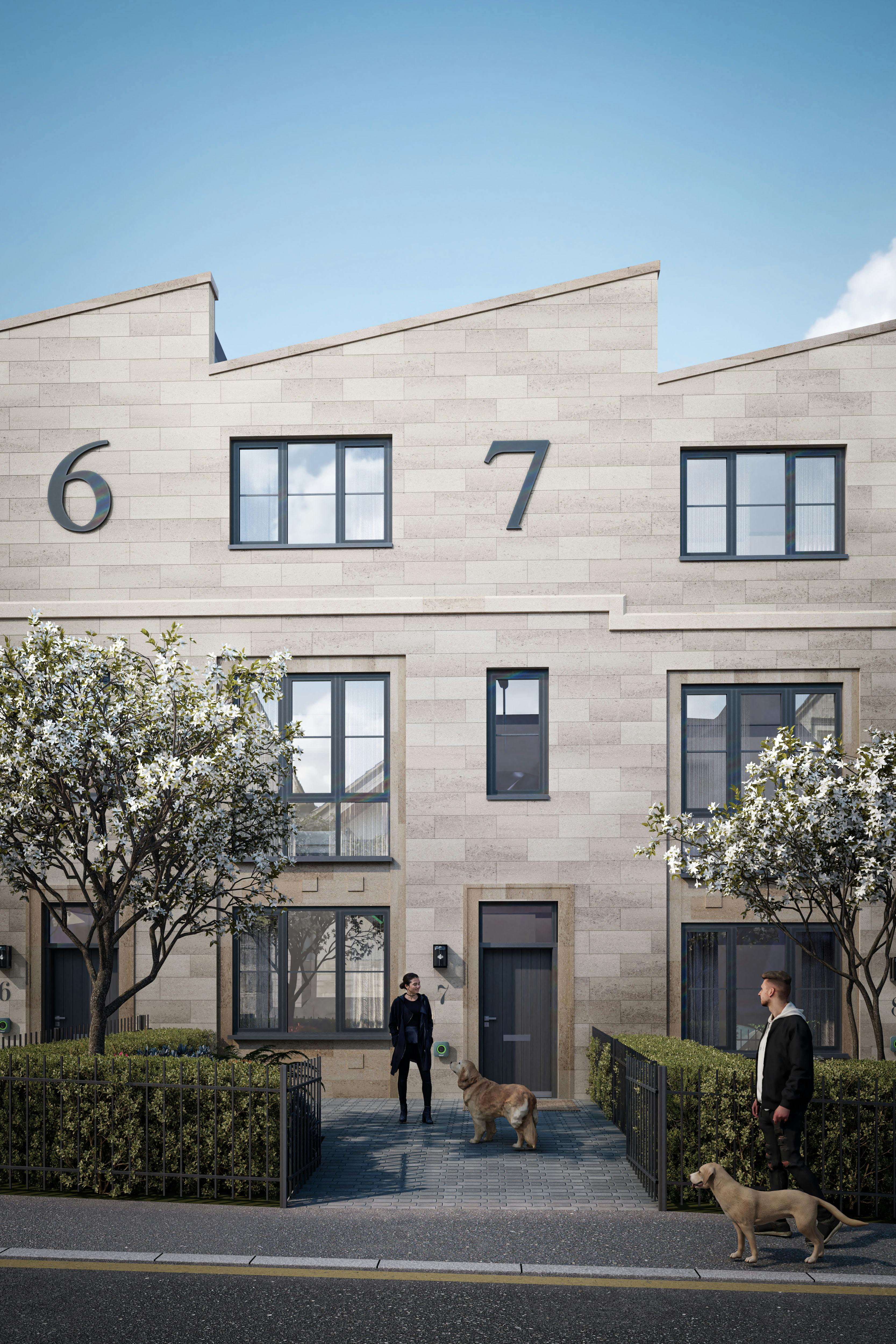 Caption: a couple of men walking two dogs down a sidewalk