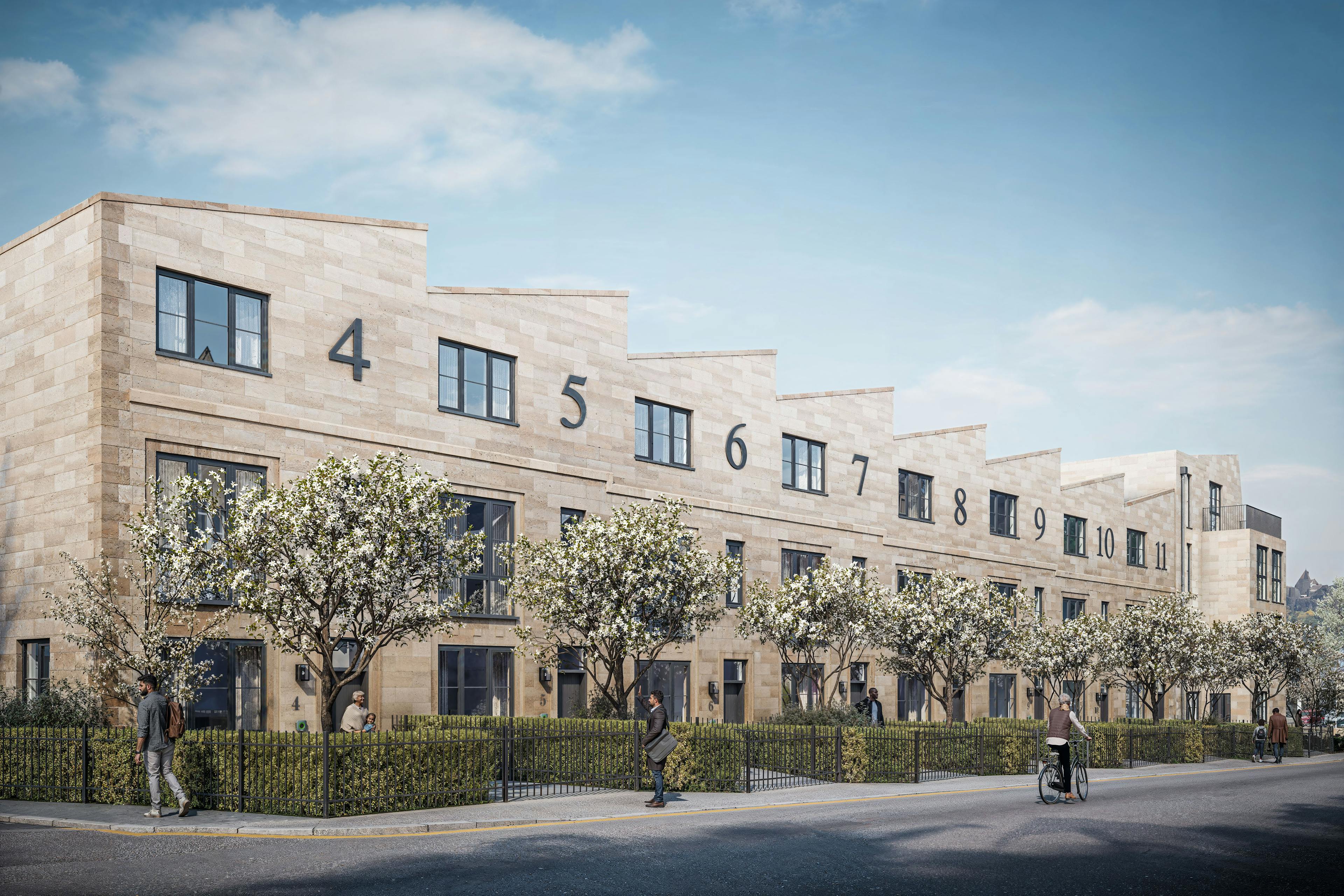 Caption: a rendering of a four - story building with a motorcycle parked in front of it