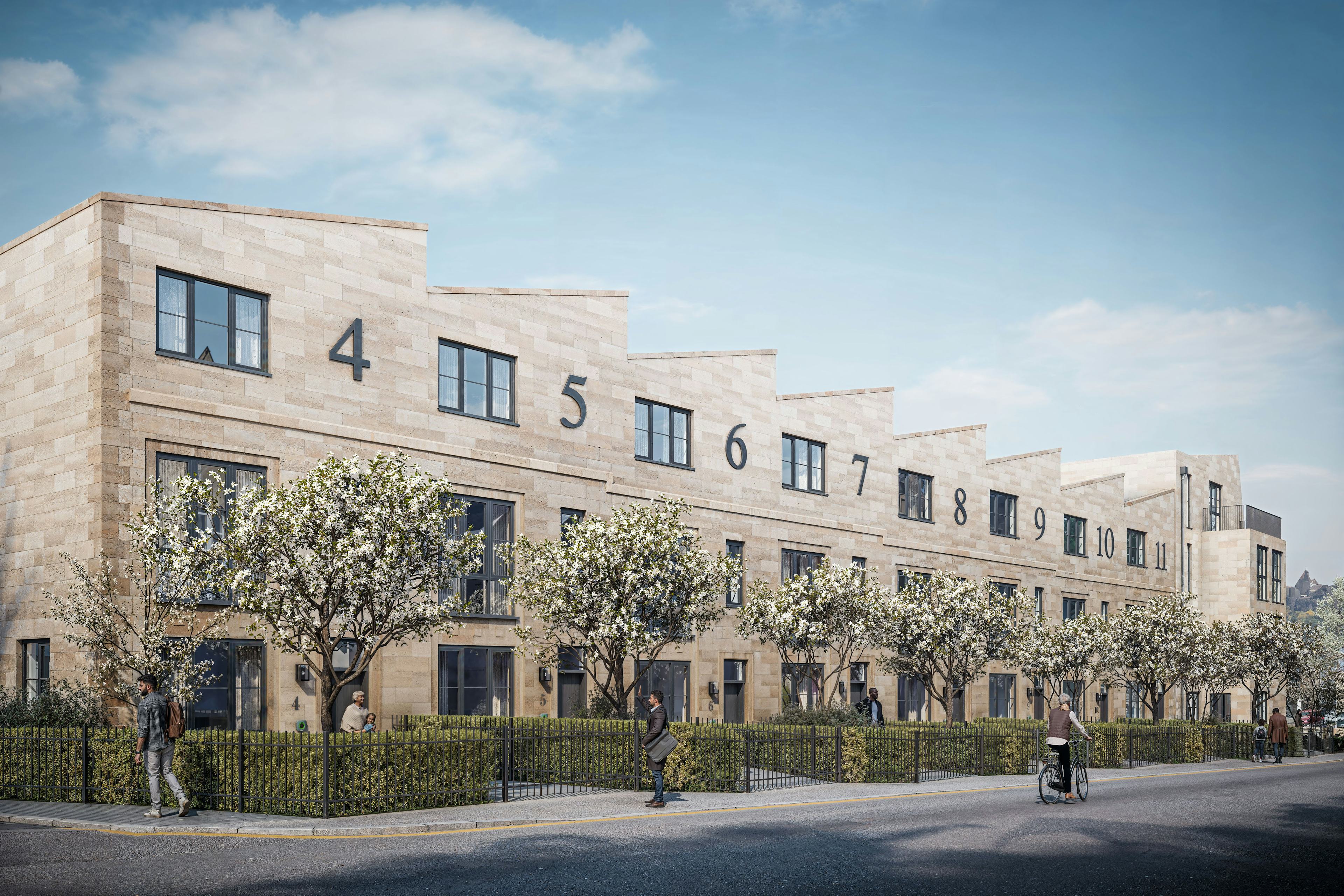 Caption: a rendering of a four - story building with a motorcycle parked in front of it