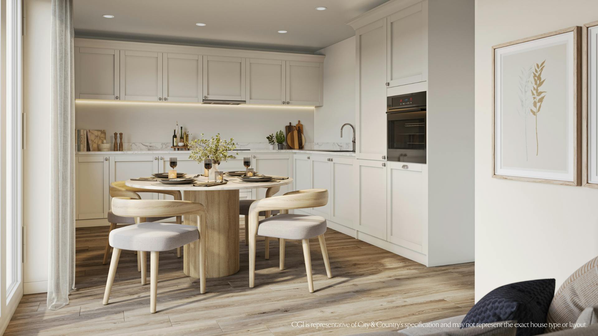 Caption: a kitchen with a table, chairs, and pictures on the wall