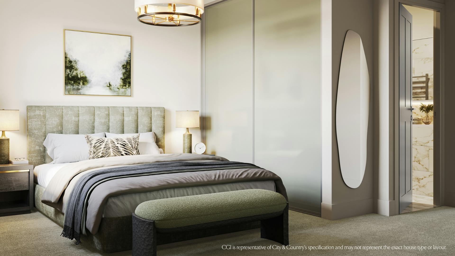 Caption: a bedroom with a bed and a large mirror