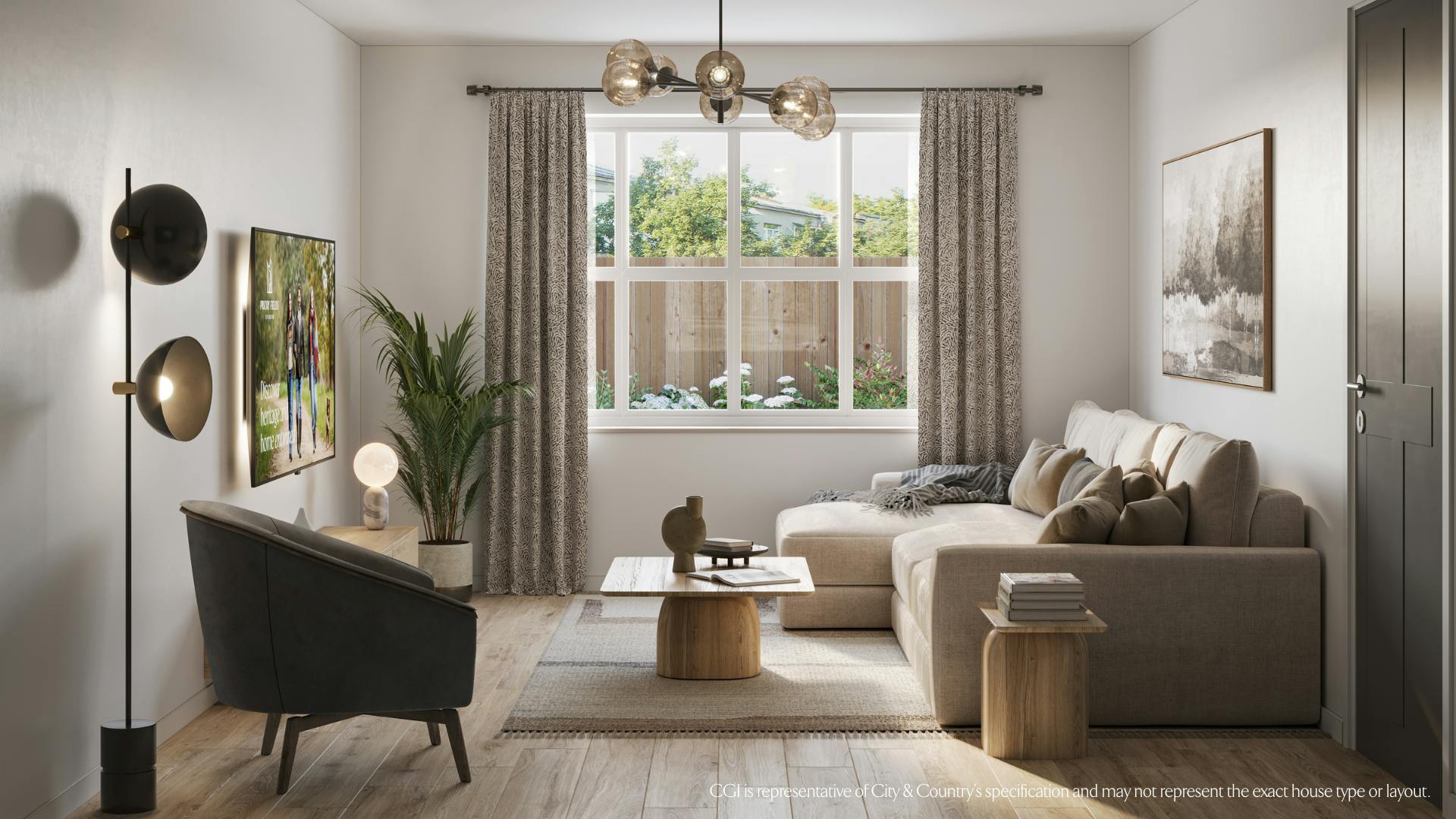 Caption: a living room filled with furniture and a window