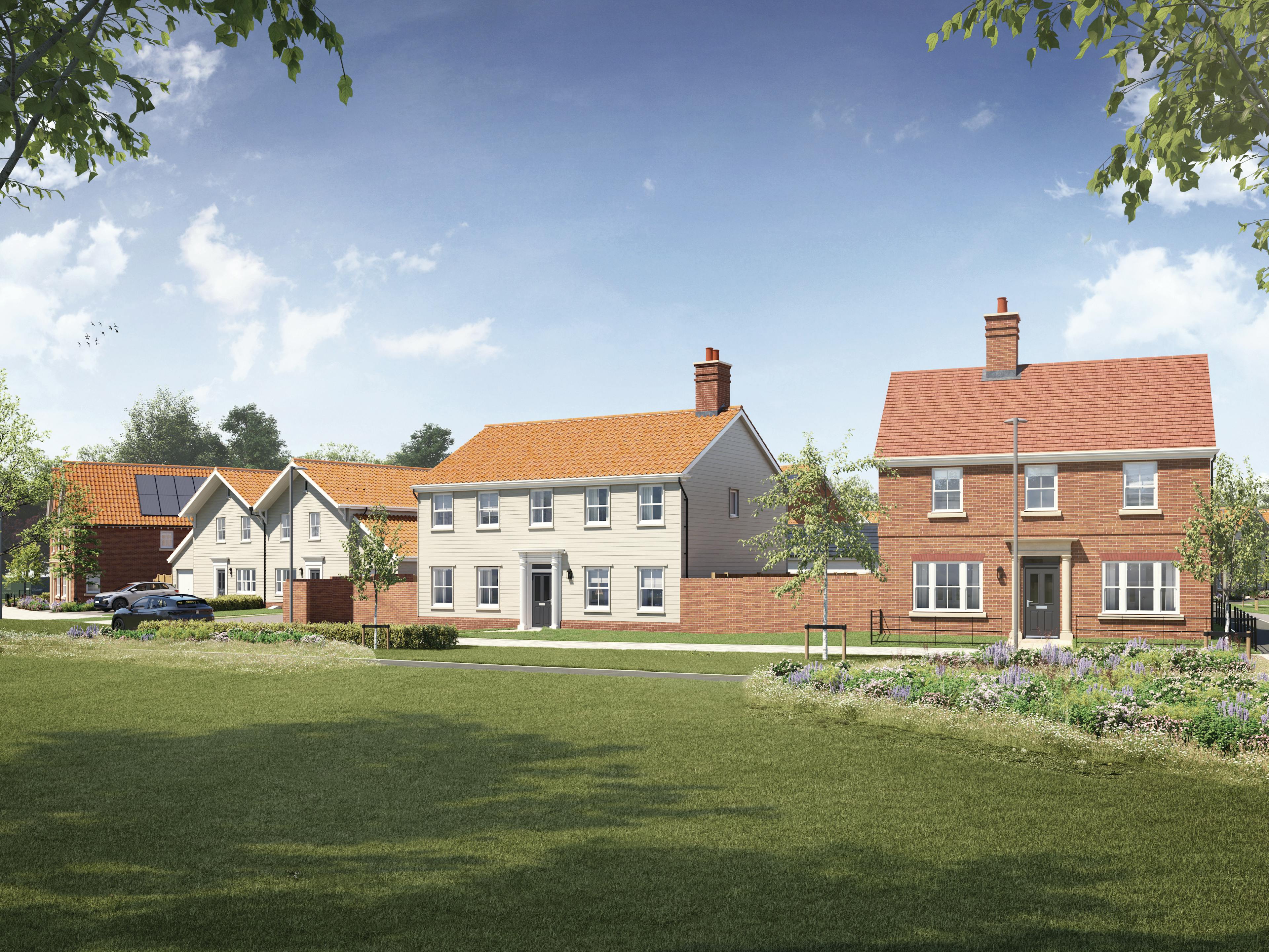 Caption: a row of houses with a car parked in front of them