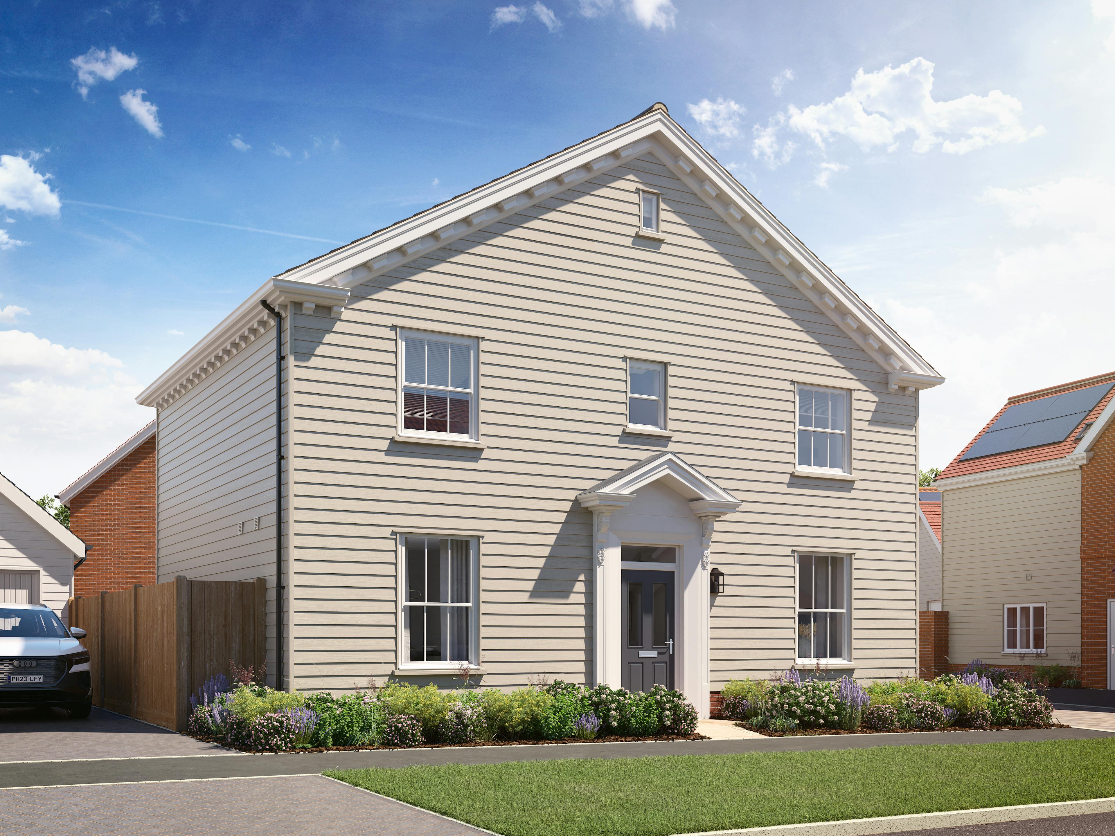 Caption: a house with a car parked in front of it