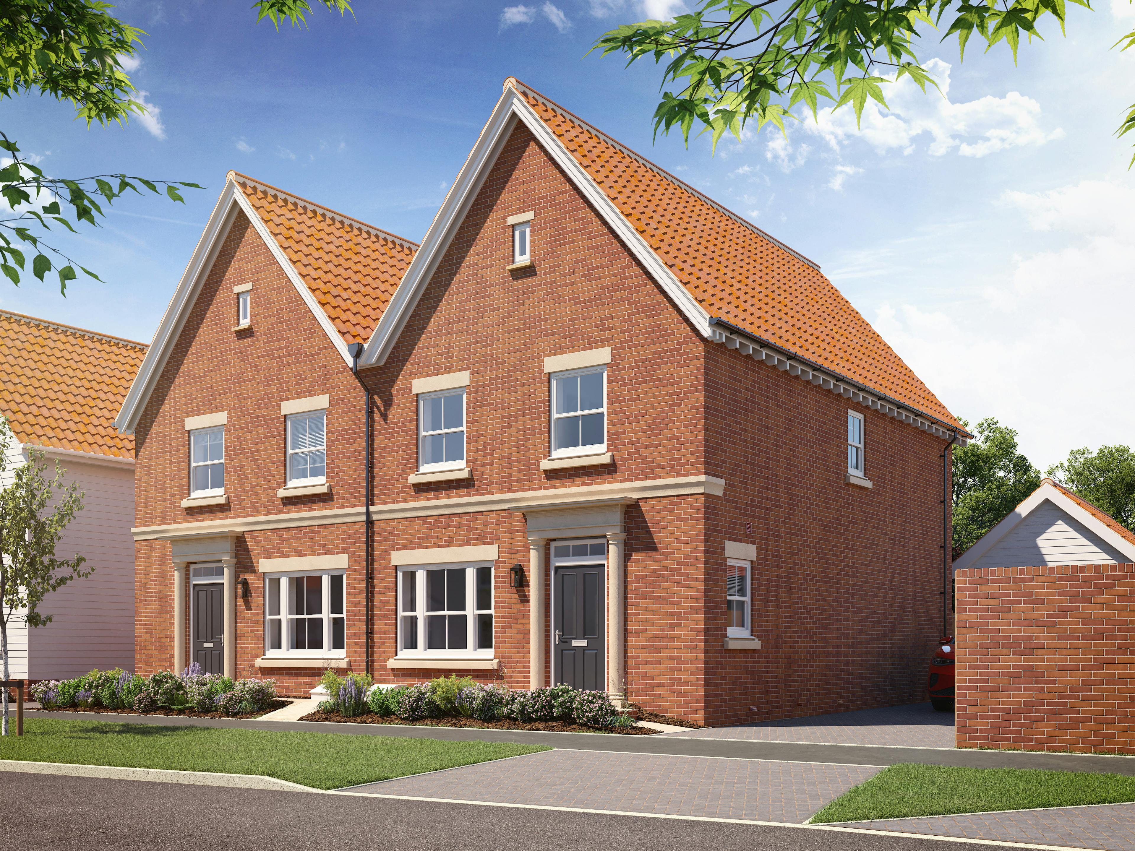 Caption: a two story brick house with a red tiled roof