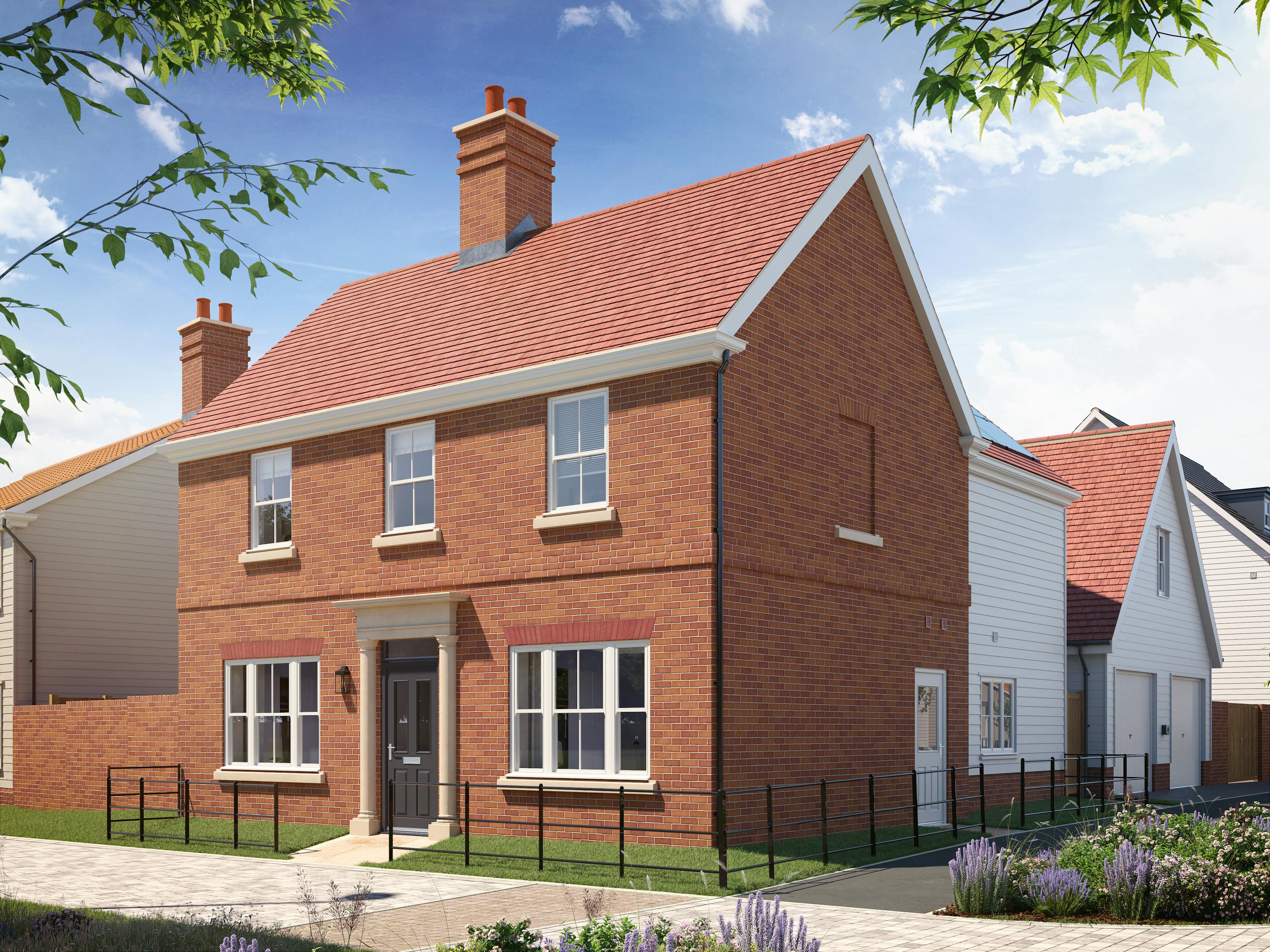 Caption: a red brick house with a black fence around it