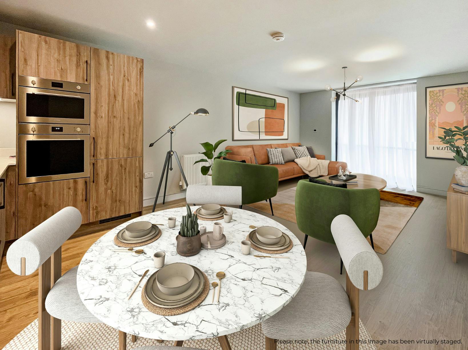 Caption: a living room filled with furniture and a white table