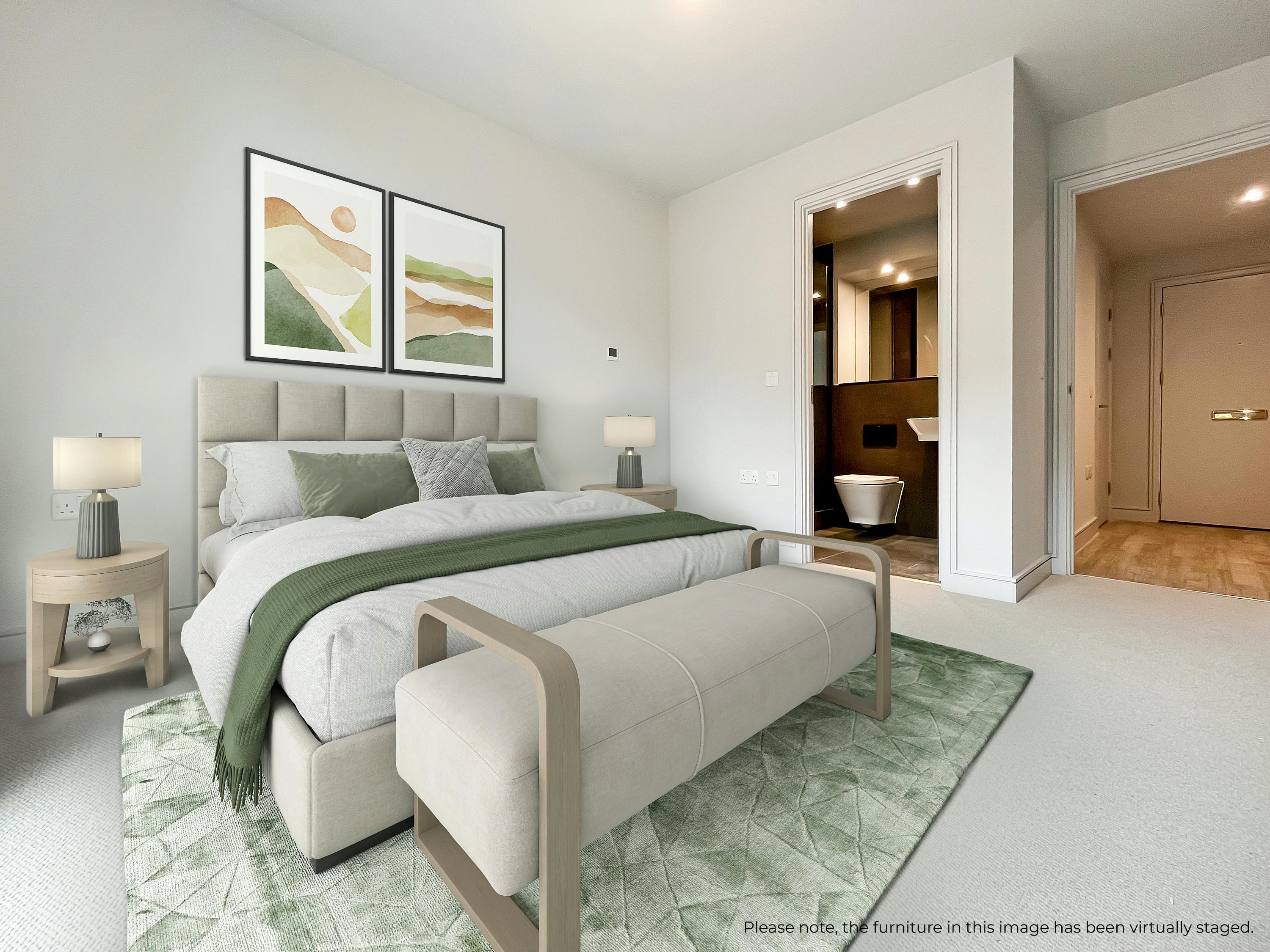 Caption: a bedroom with a large bed and a green rug