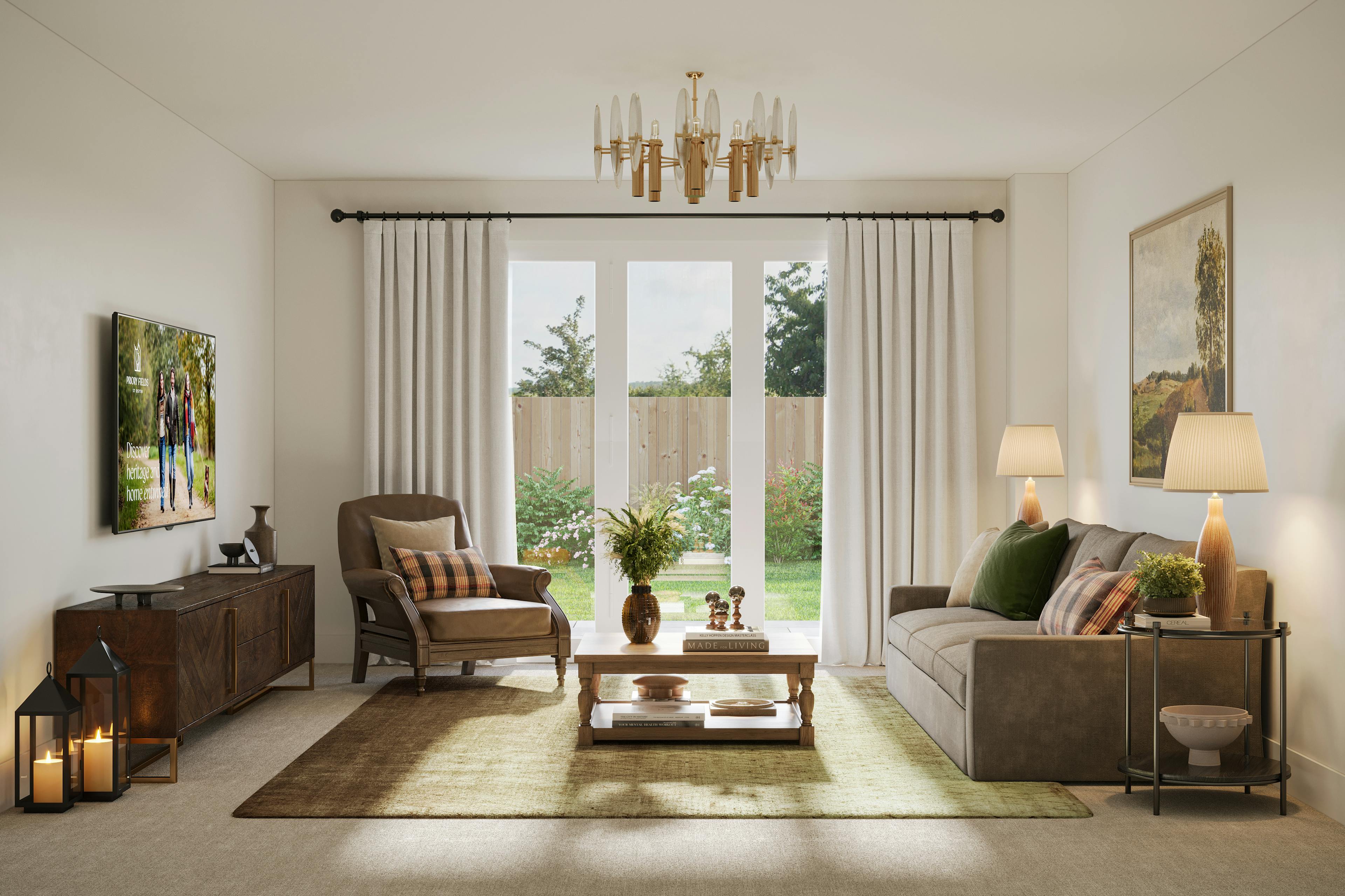 Caption: a living room filled with furniture and a chandelier