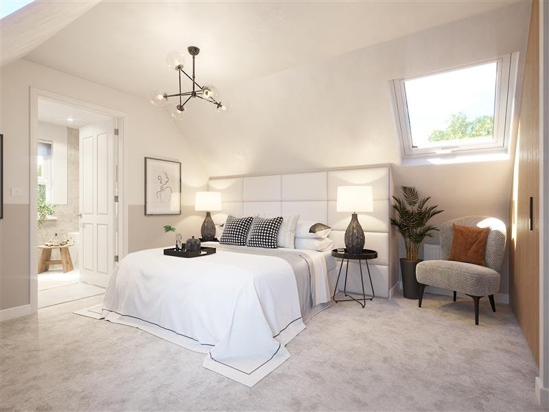 Caption: a bedroom with a white bed and a chandelier