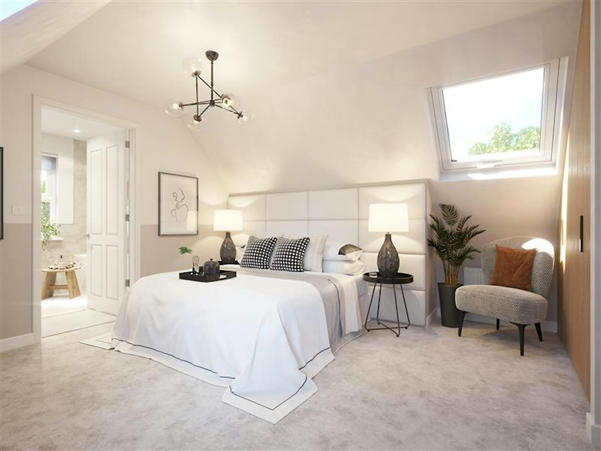 Caption: a bedroom with a white bed and a chandelier