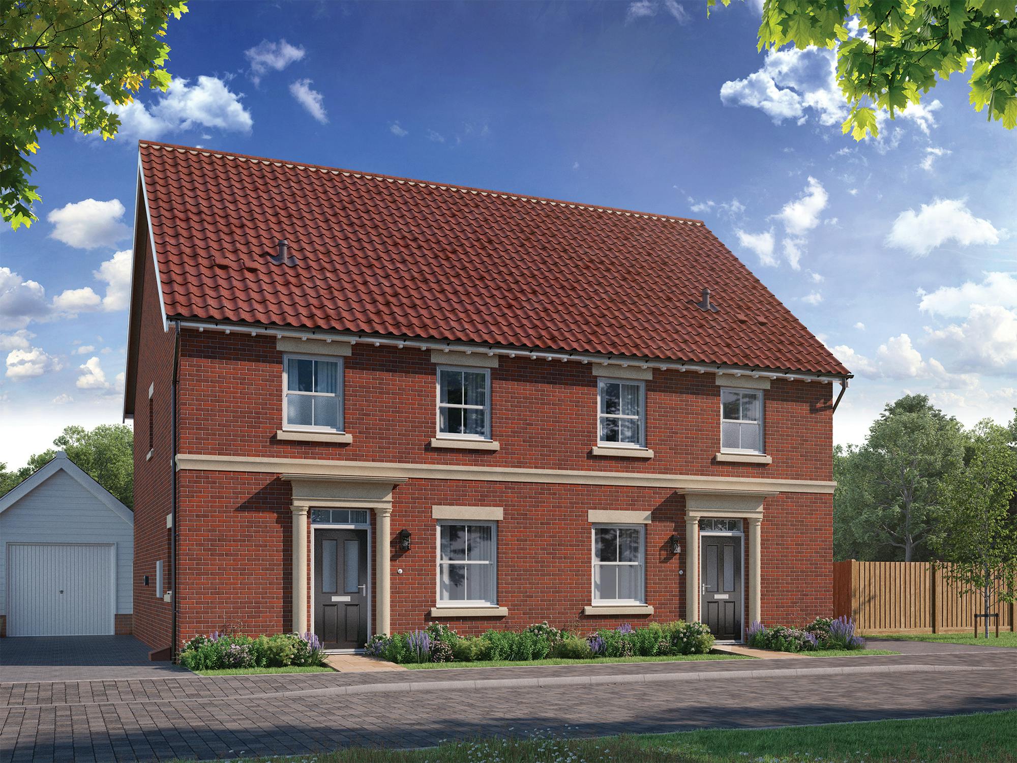Caption: a two story brick house with a red tiled roof