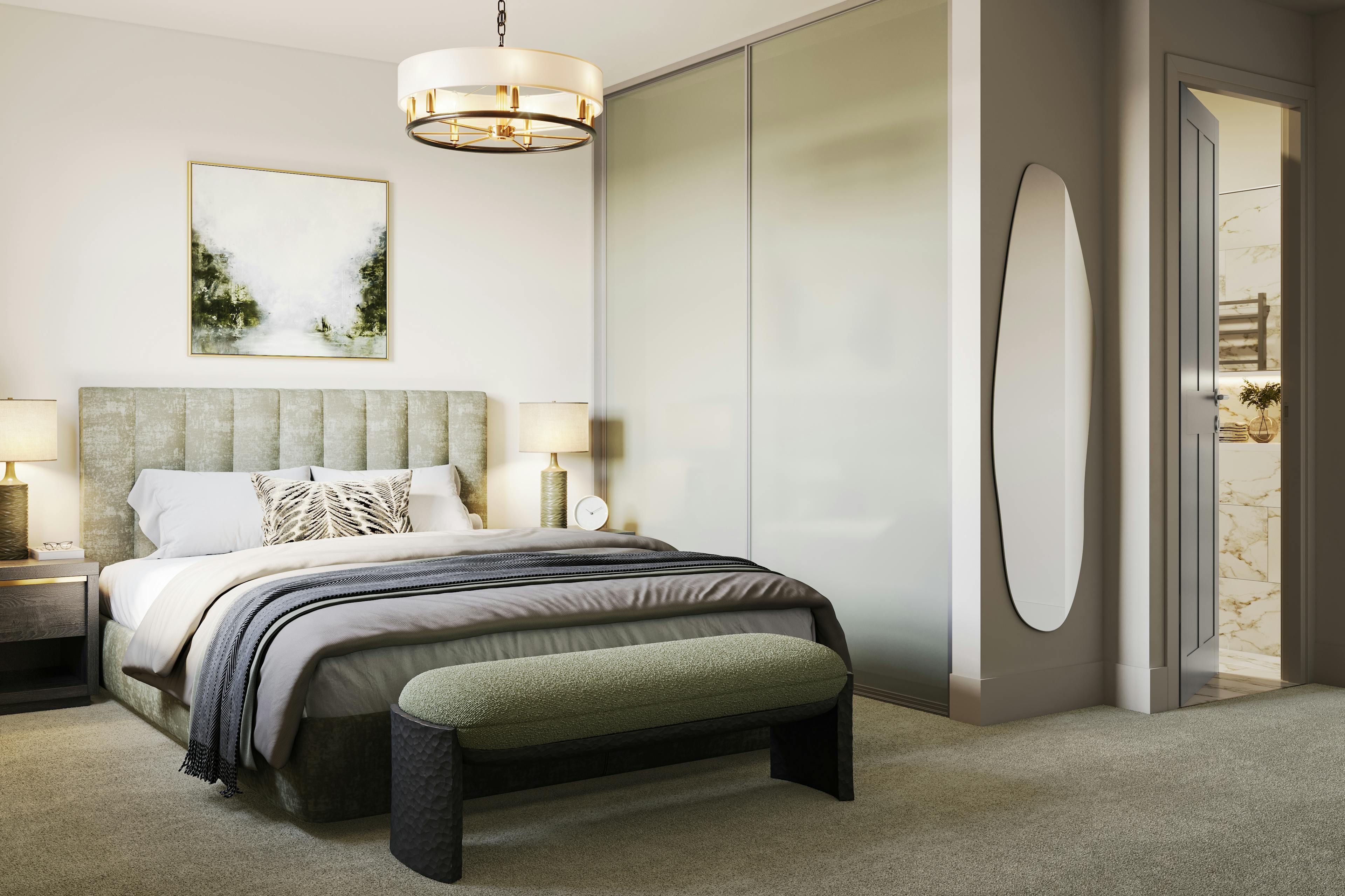 Caption: a bedroom with a large bed and a large mirror on the wall