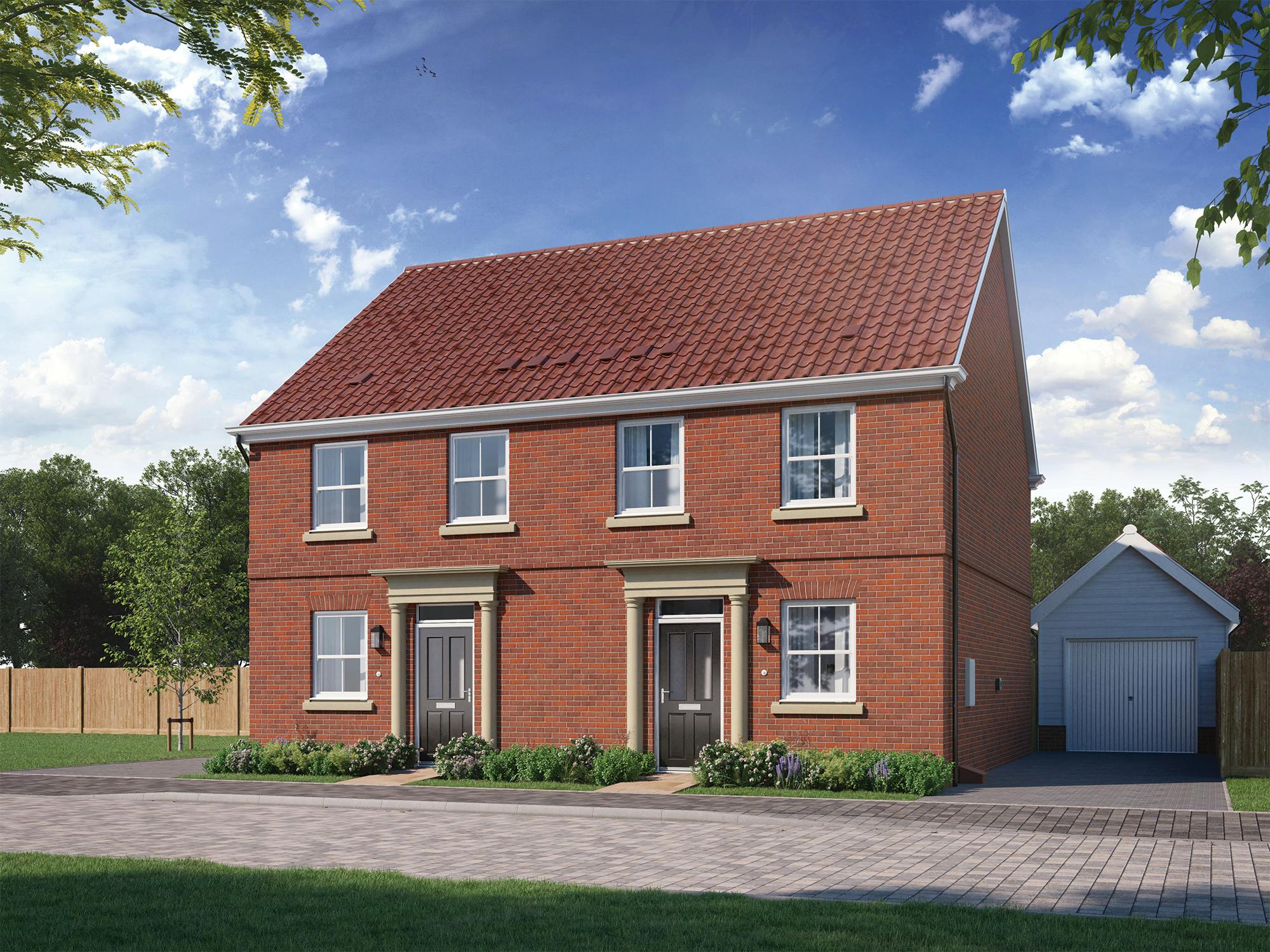 Caption: a two story brick house with a red tiled roof