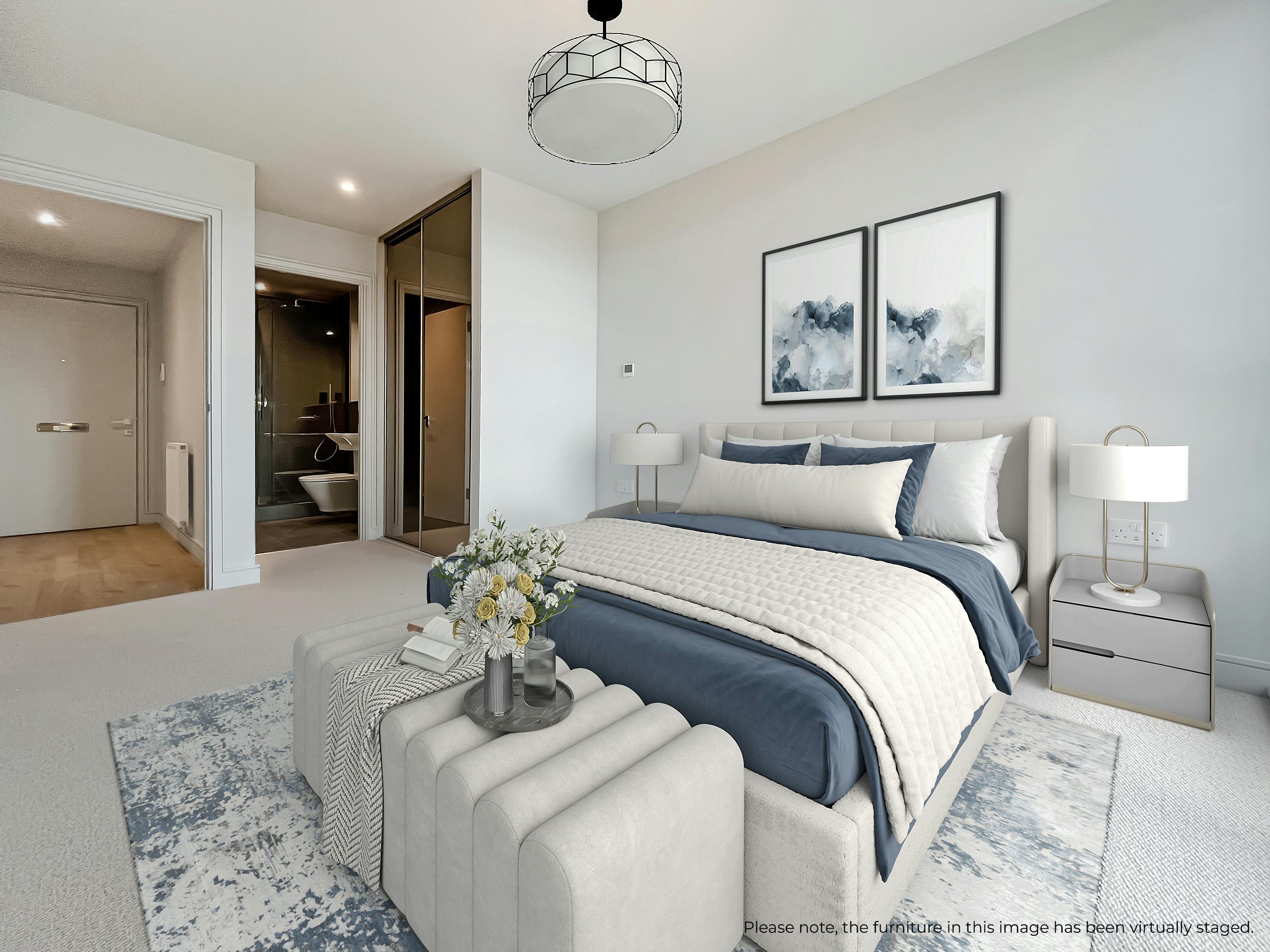 Caption: a bedroom with a large bed and a chandelier