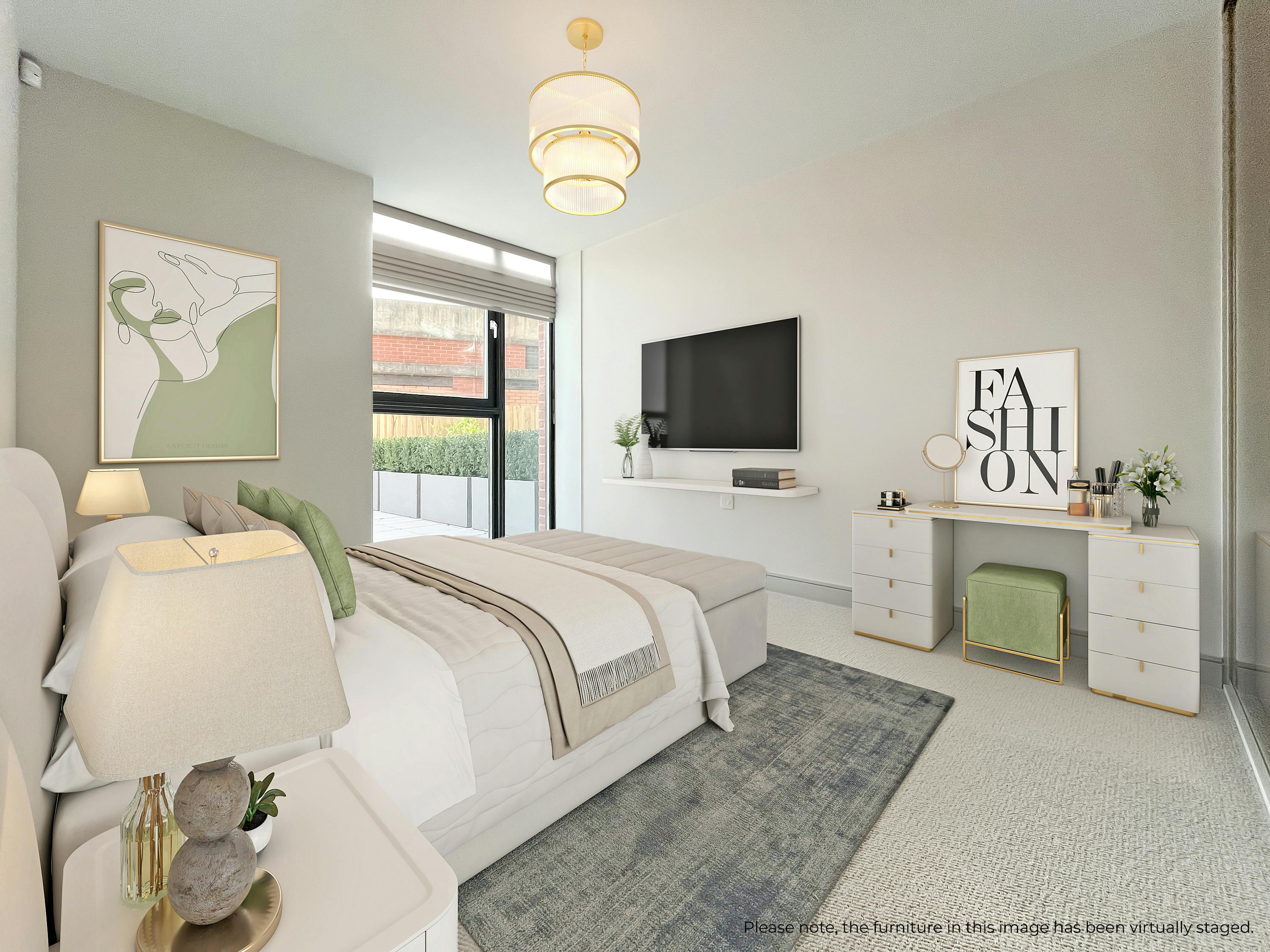 Caption: a bedroom with a large bed and a flat screen tv