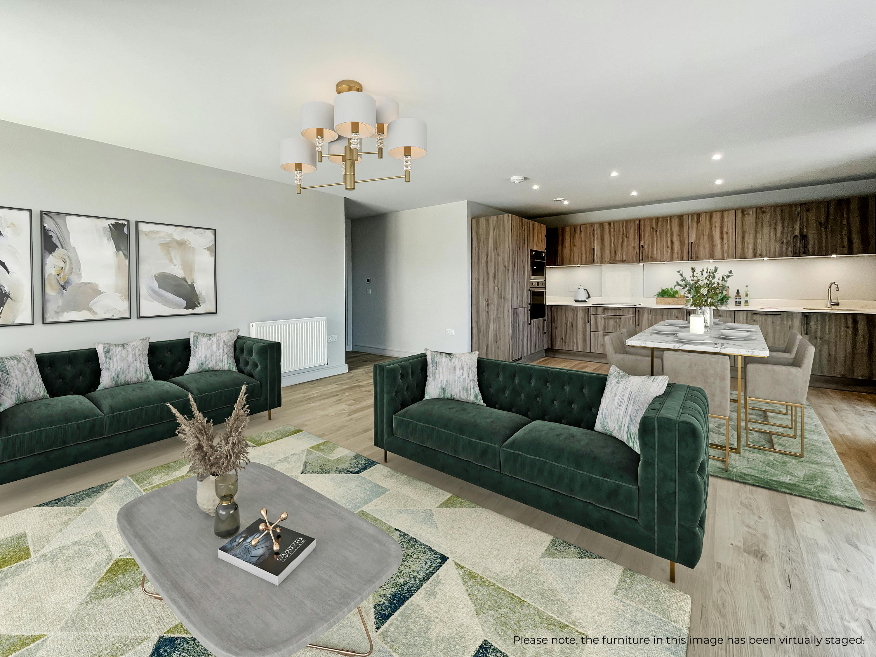 Caption: a living room filled with furniture and a chandelier