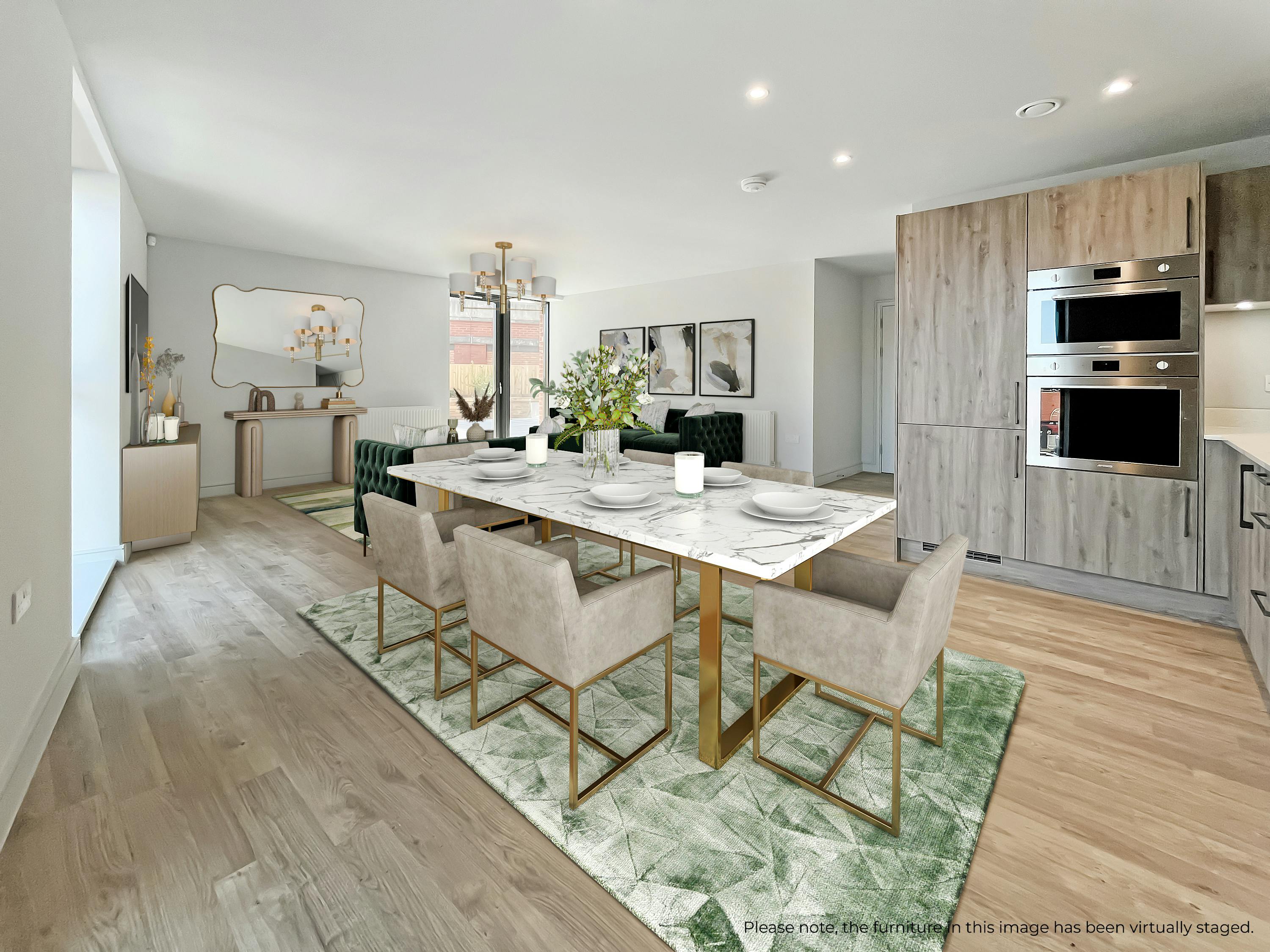 Caption: a dining room with a table and chairs