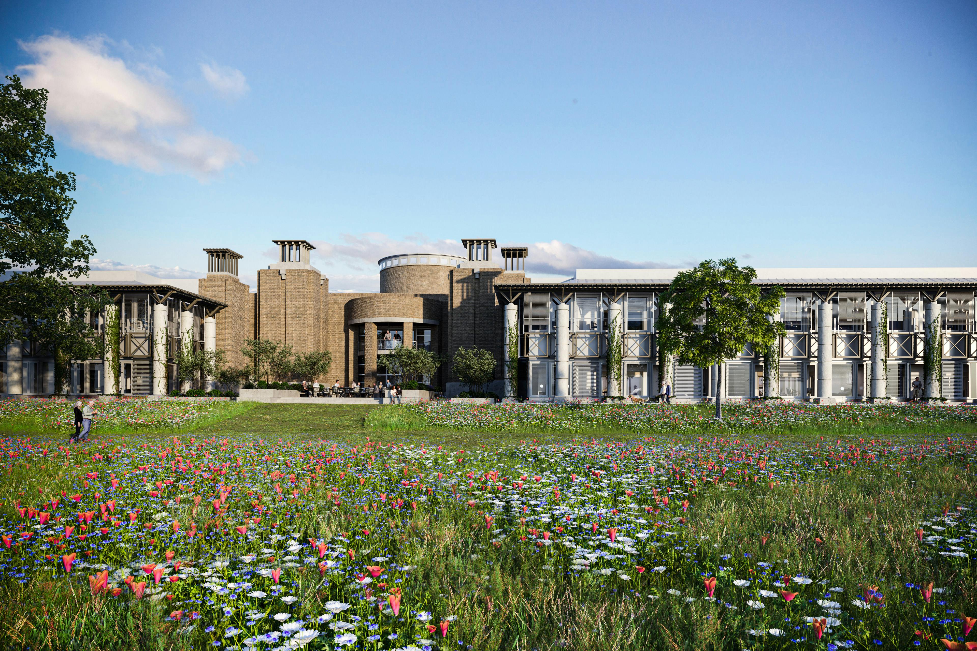 Caption: a person standing in a field of flowers in front of a building