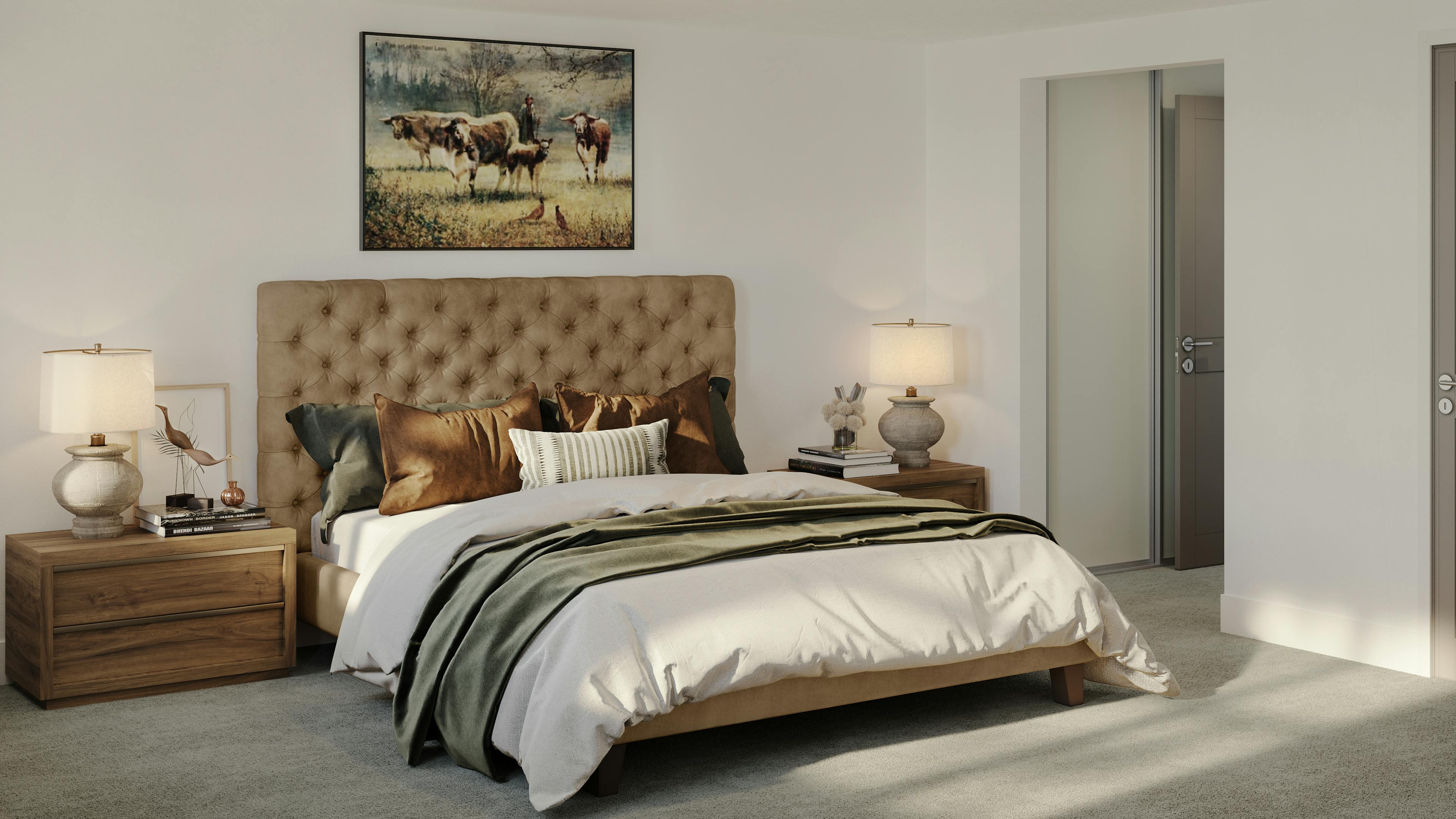 Caption: a bedroom with a large bed and a painting on the wall