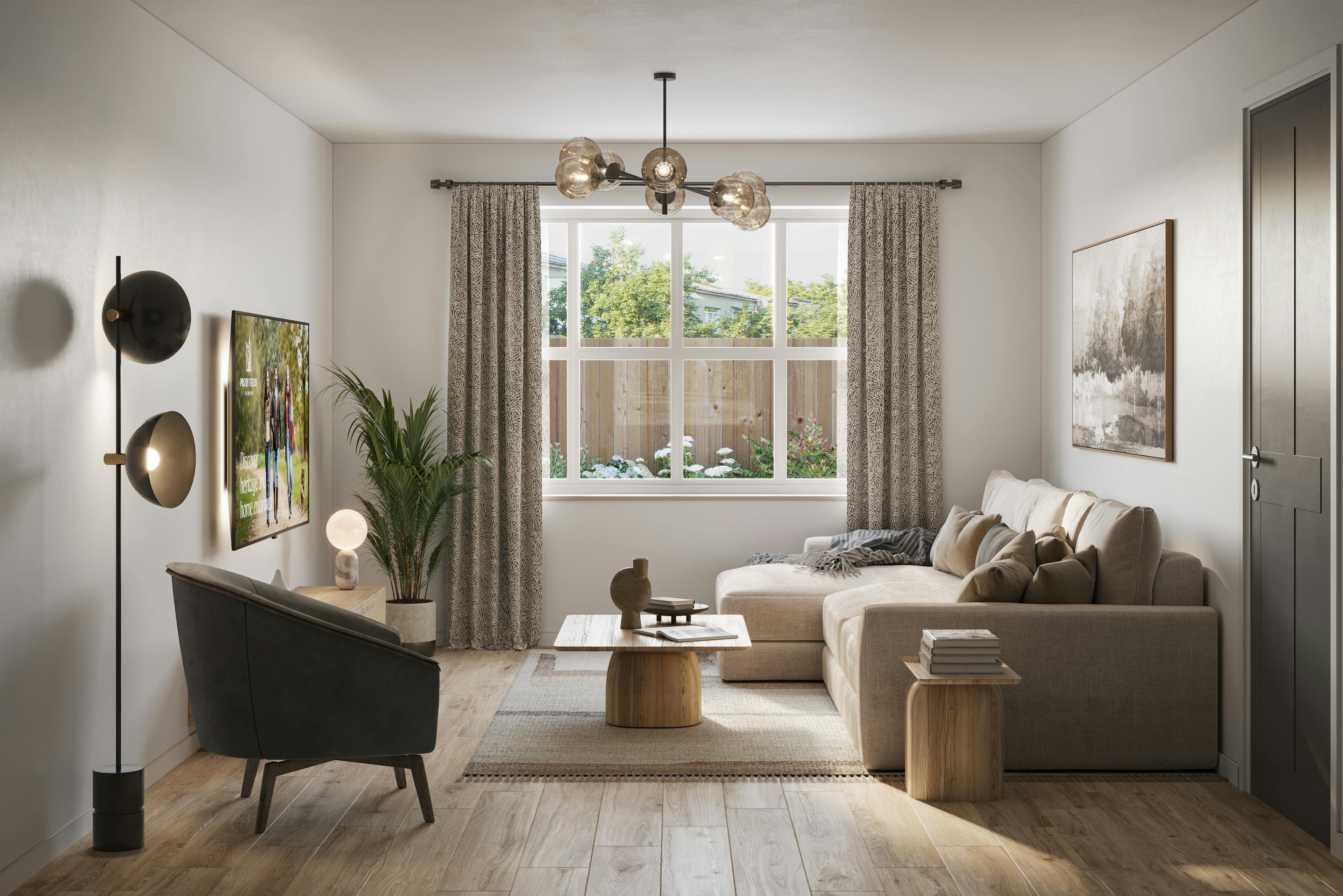 Caption: a living room filled with furniture and a window