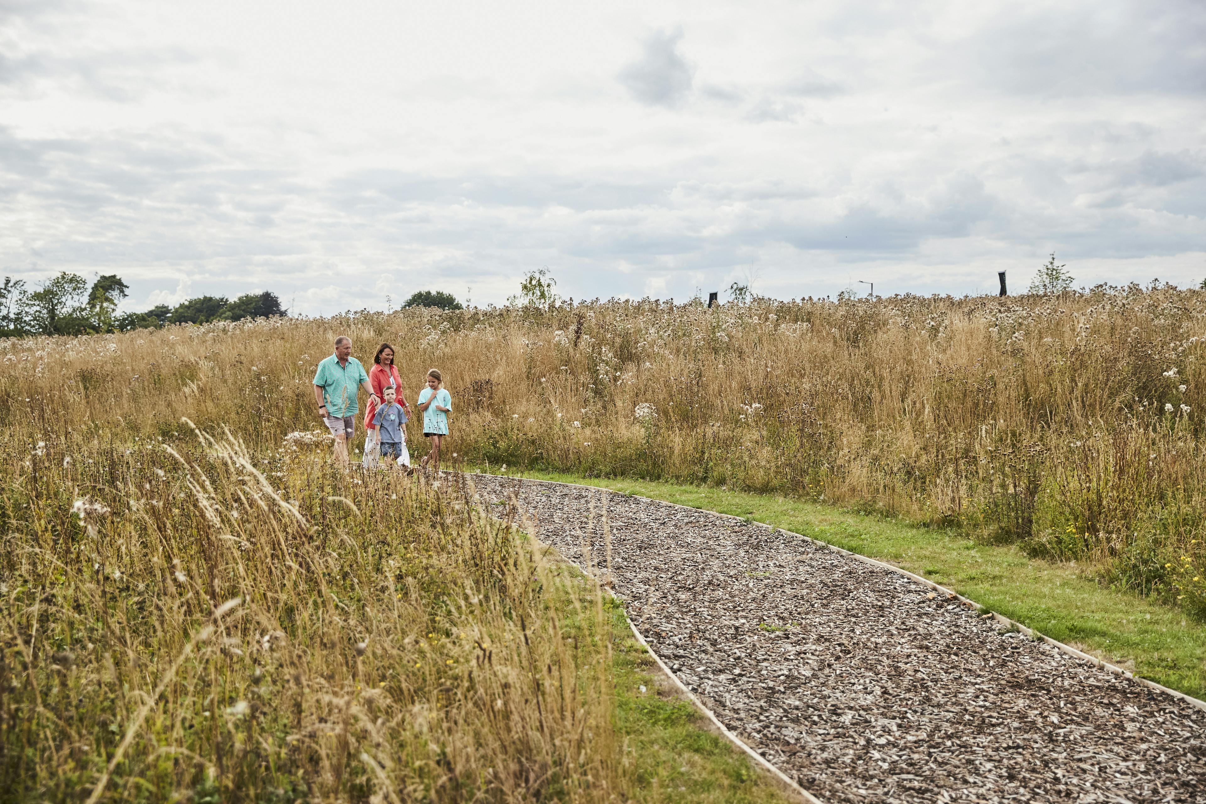 Caption: a man and two children walking down a path in a field