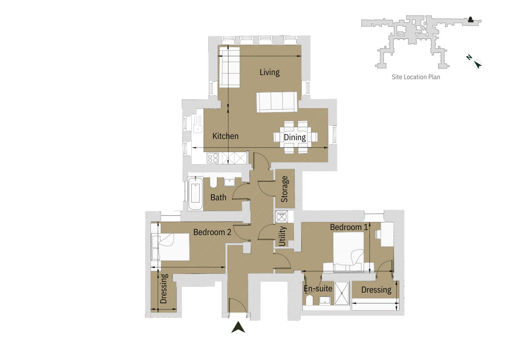 Caption: a floor plan of a three bedroom apartment