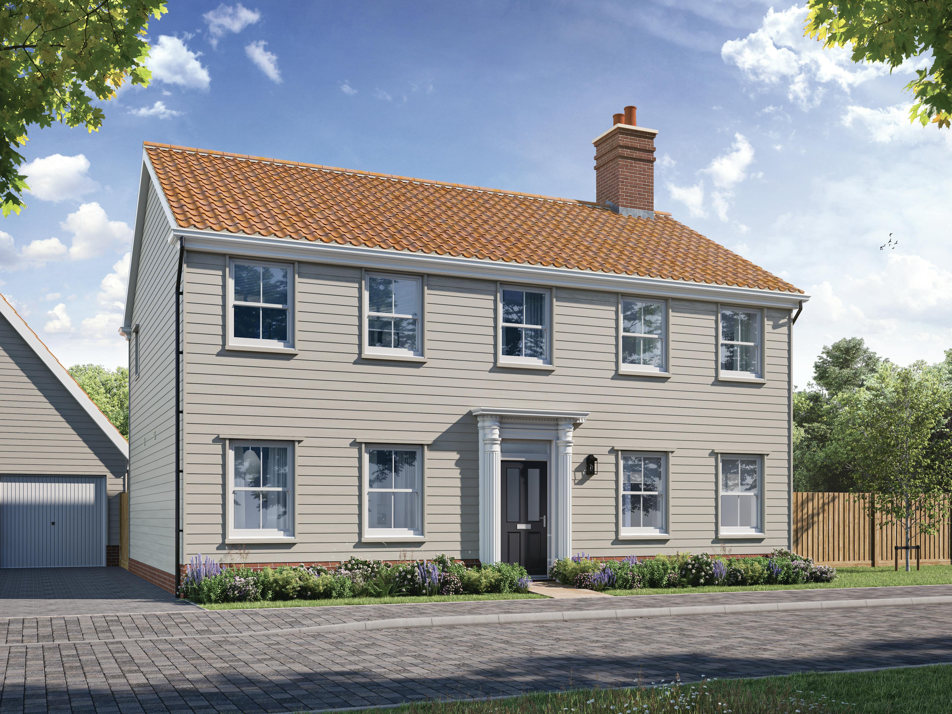 Caption: a two story house with a red tiled roof