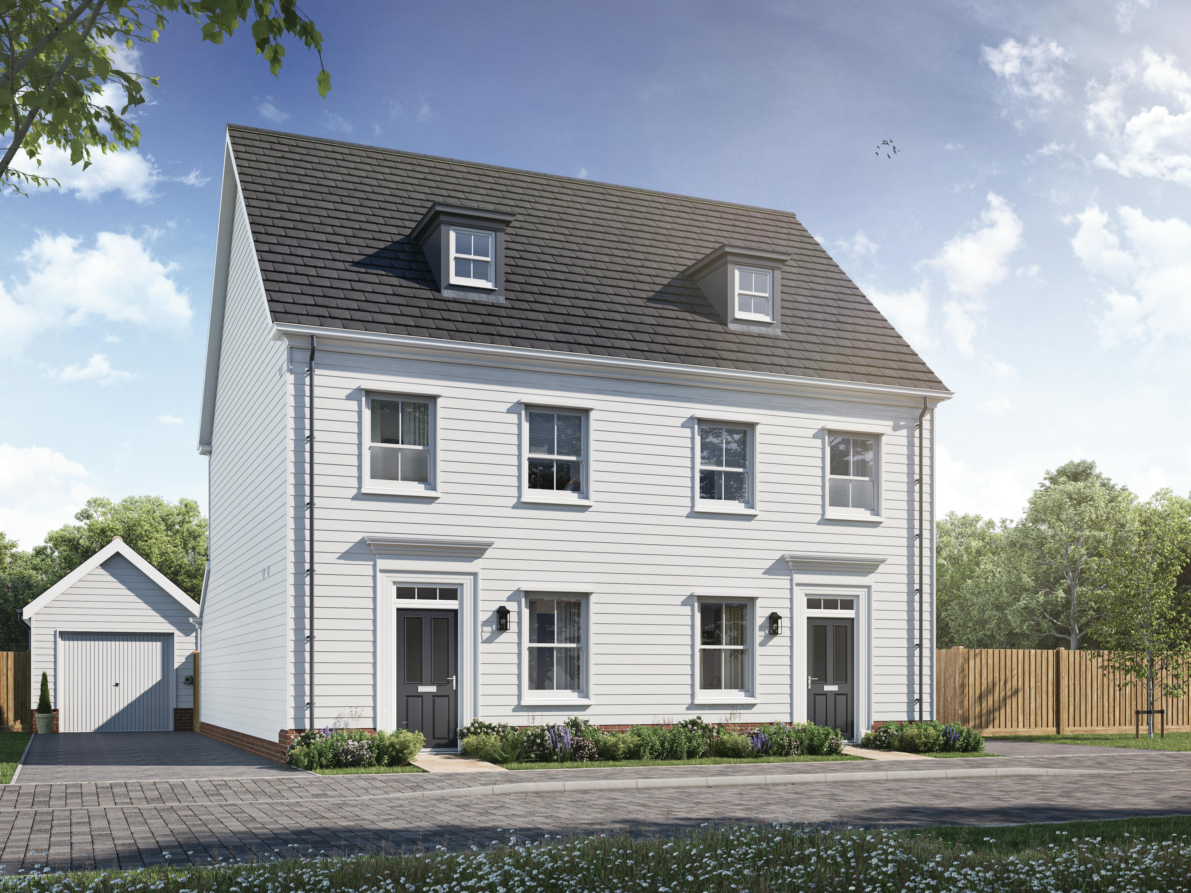 Caption: a two story white house with a black roof