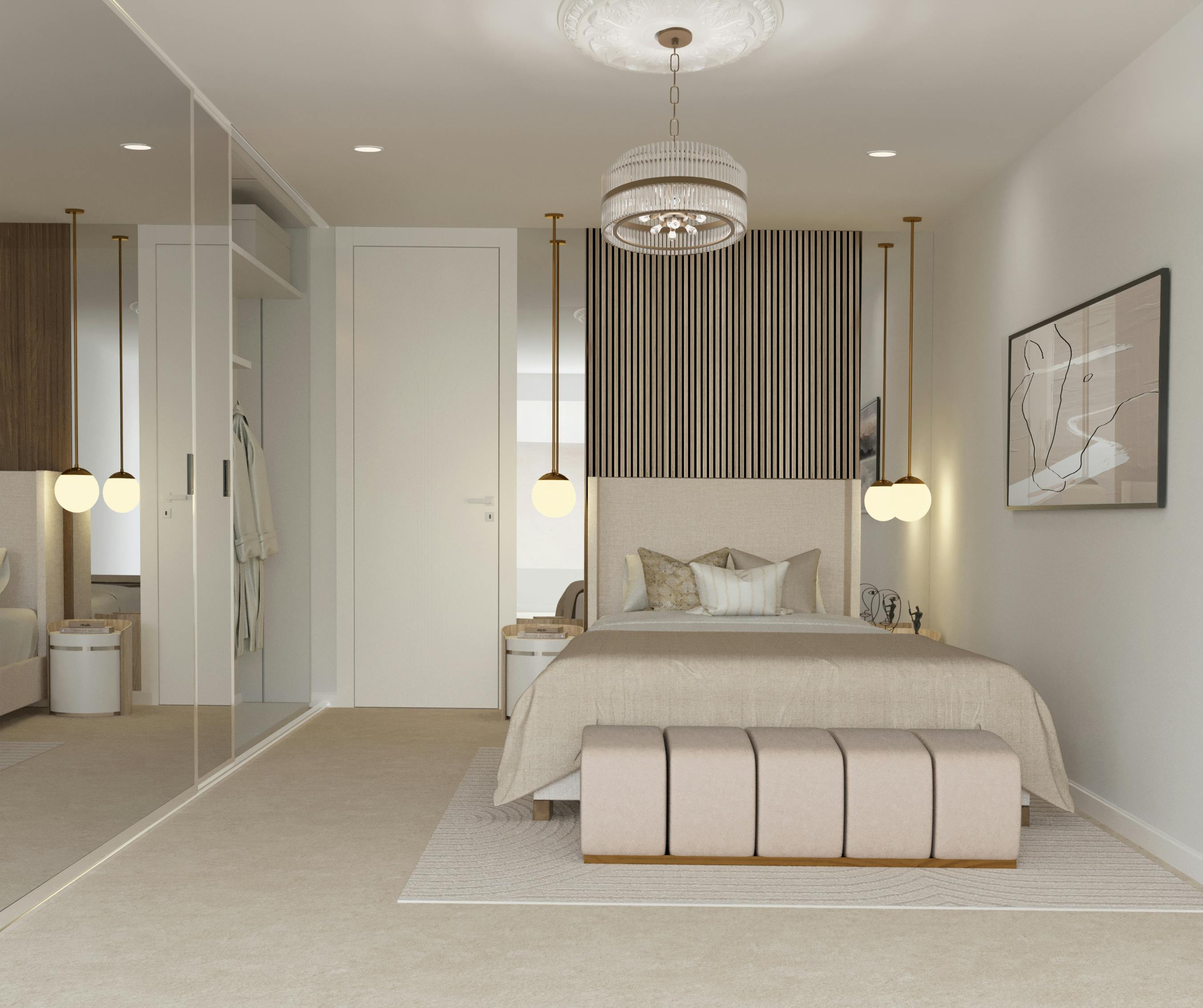 Caption: a bedroom with a large bed and a mirror on the wall