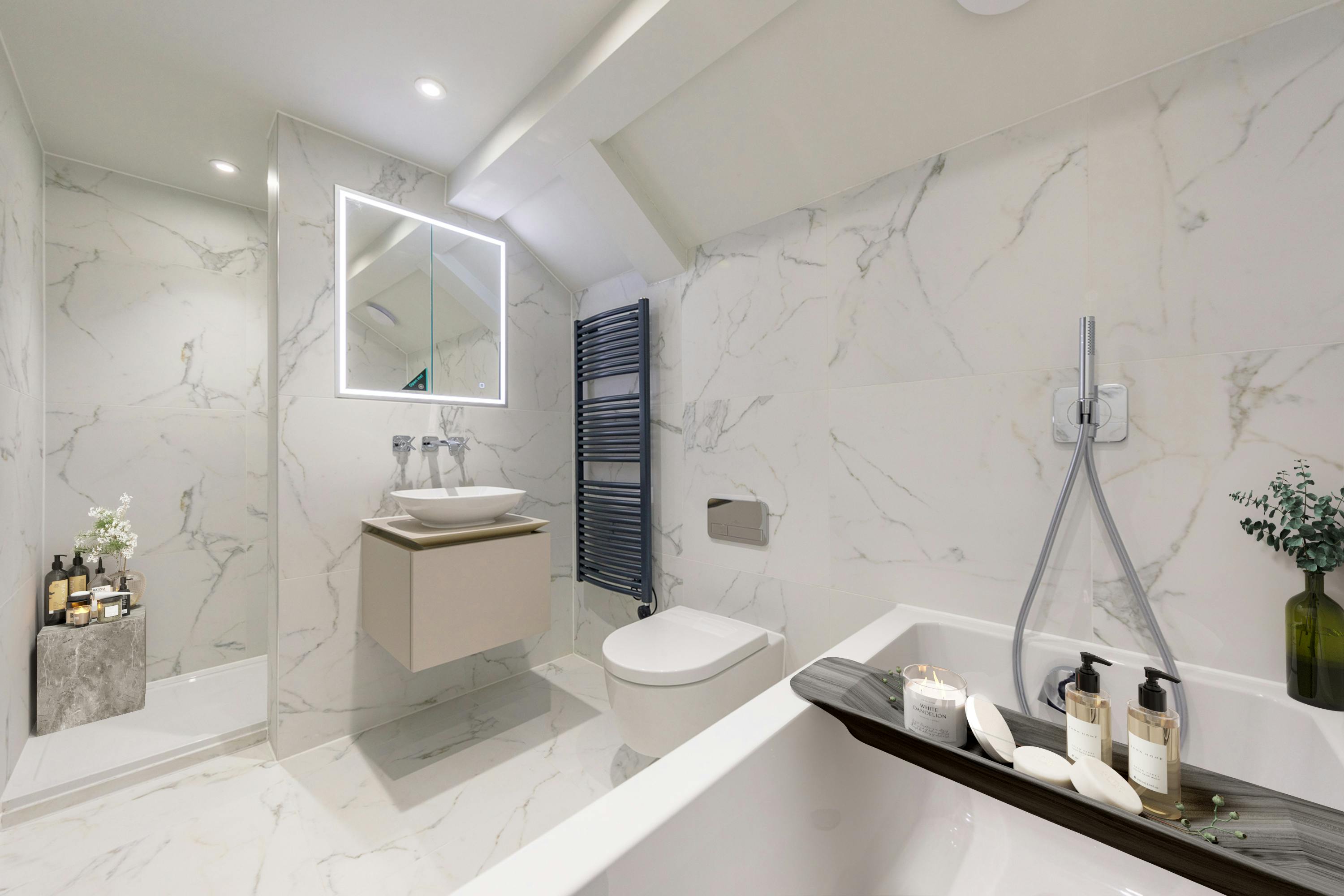 Caption: a bathroom with a toilet, sink, and bathtub