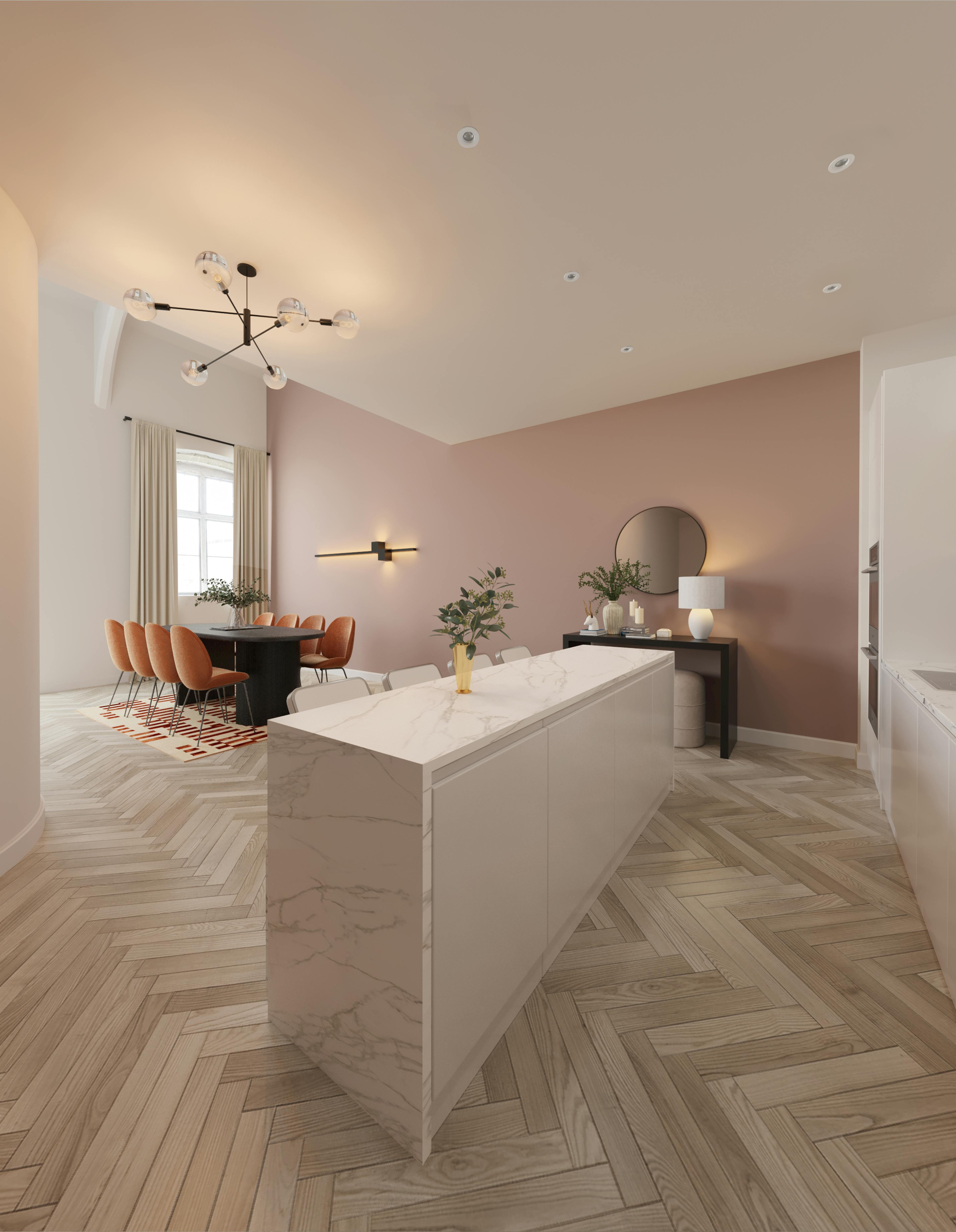 Caption: a kitchen with a marble counter top next to a dining room table