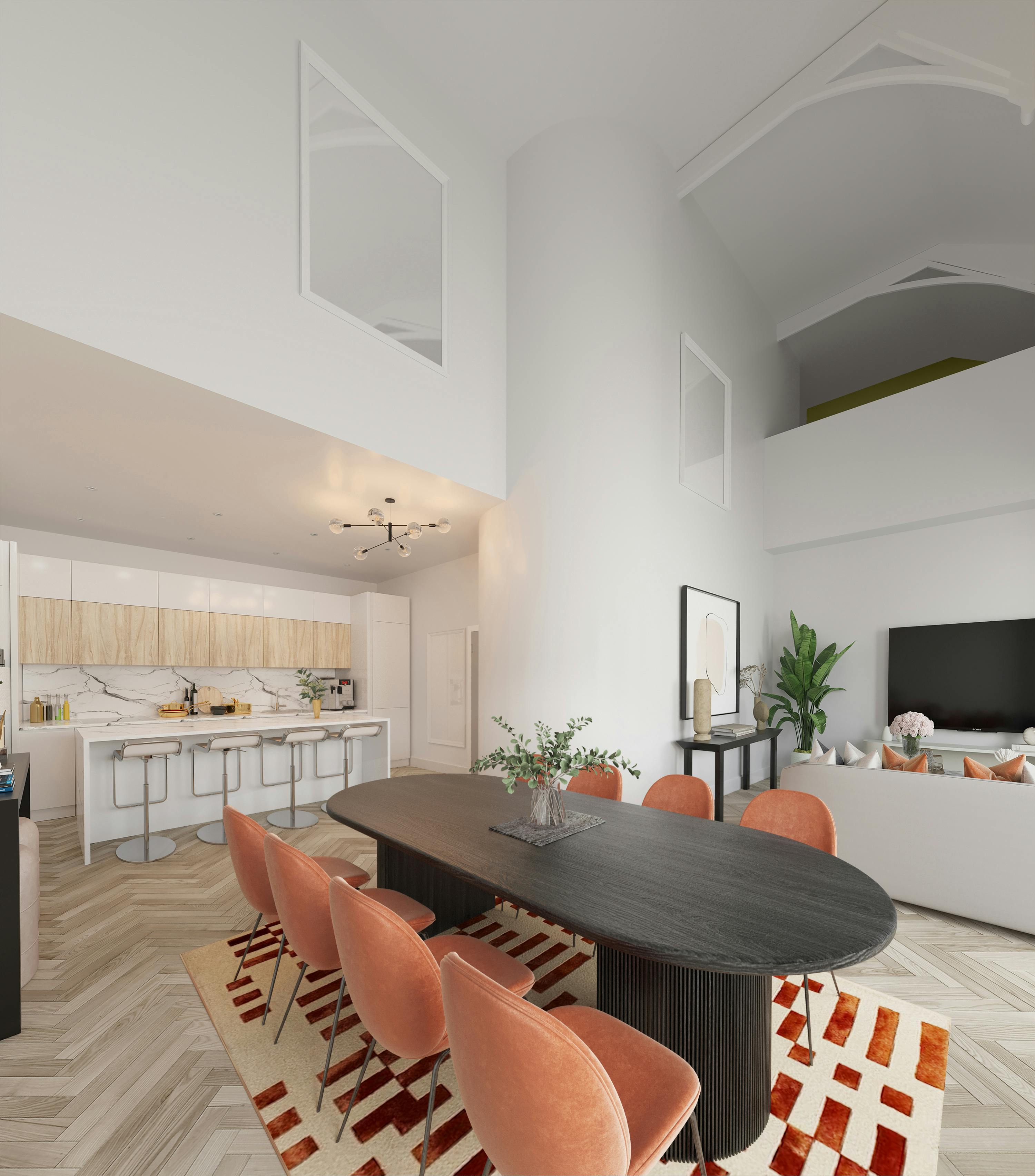 Caption: a room with a table, chairs and a television