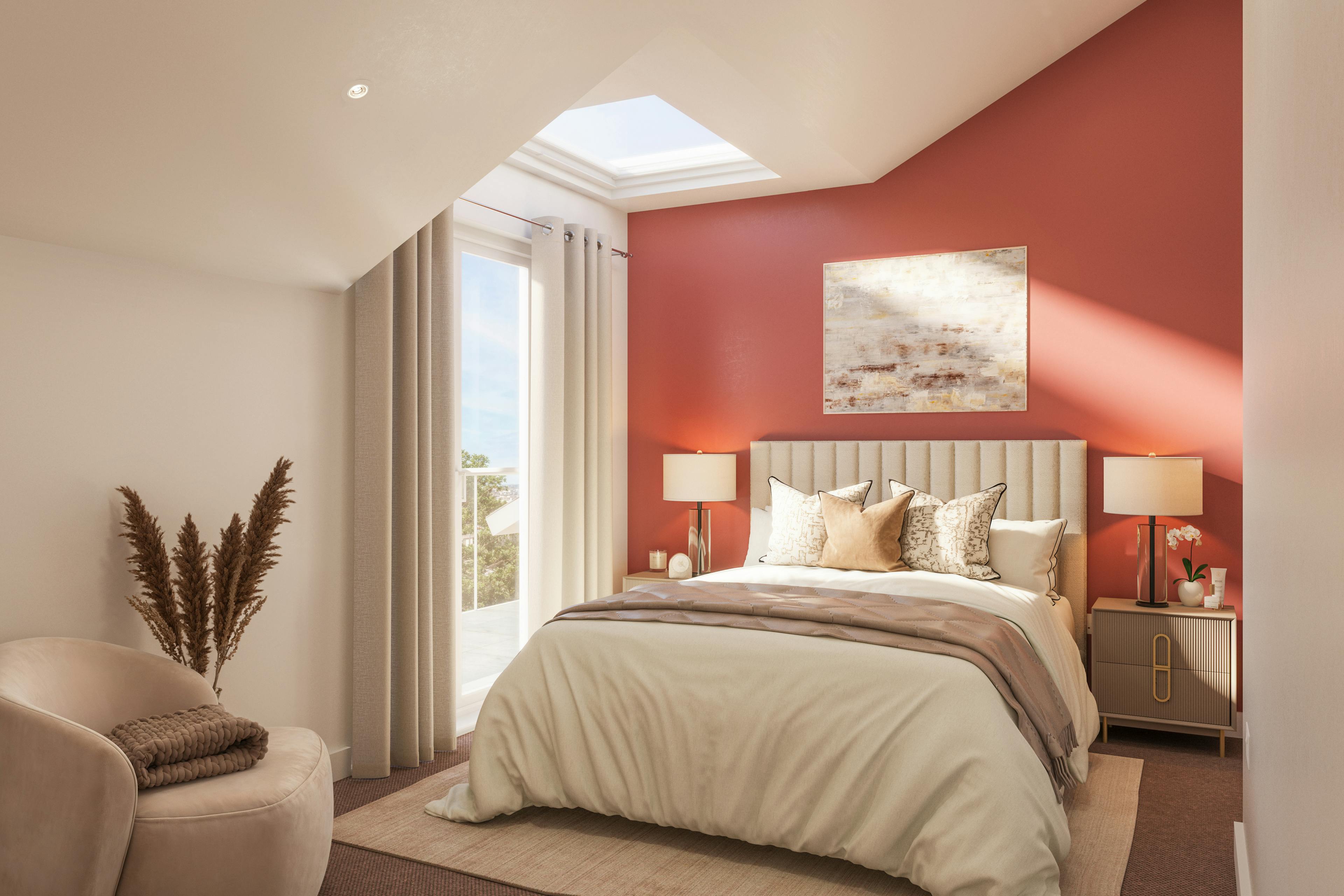 Caption: a bedroom with red walls and a white bed