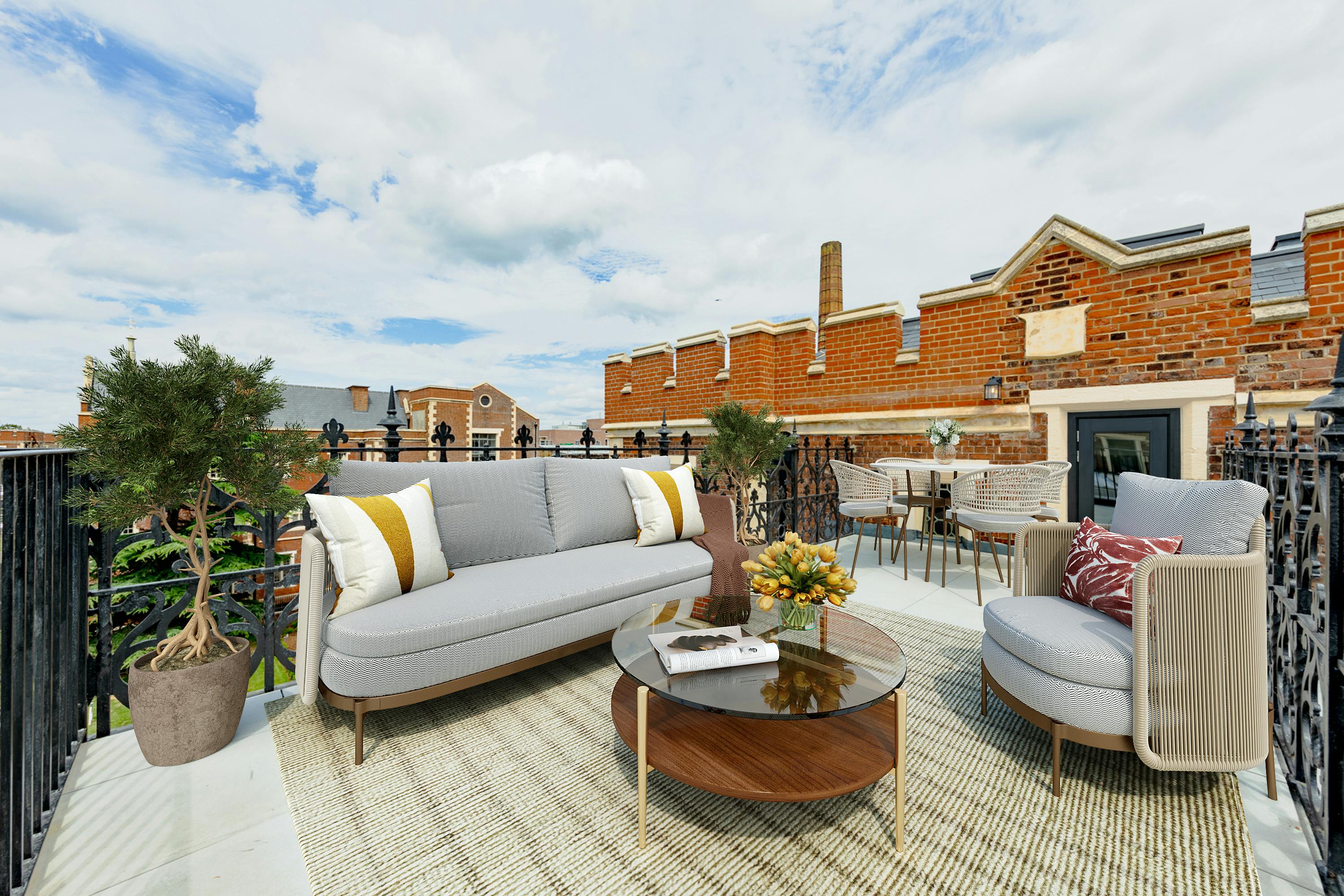 Caption: a living room filled with furniture on top of a roof